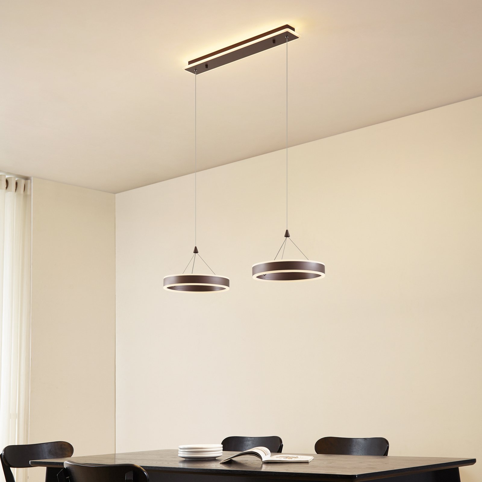 Lucande LED-Hängeleuchte Kolo, 86 cm, 2-flg., braun, dimmbar