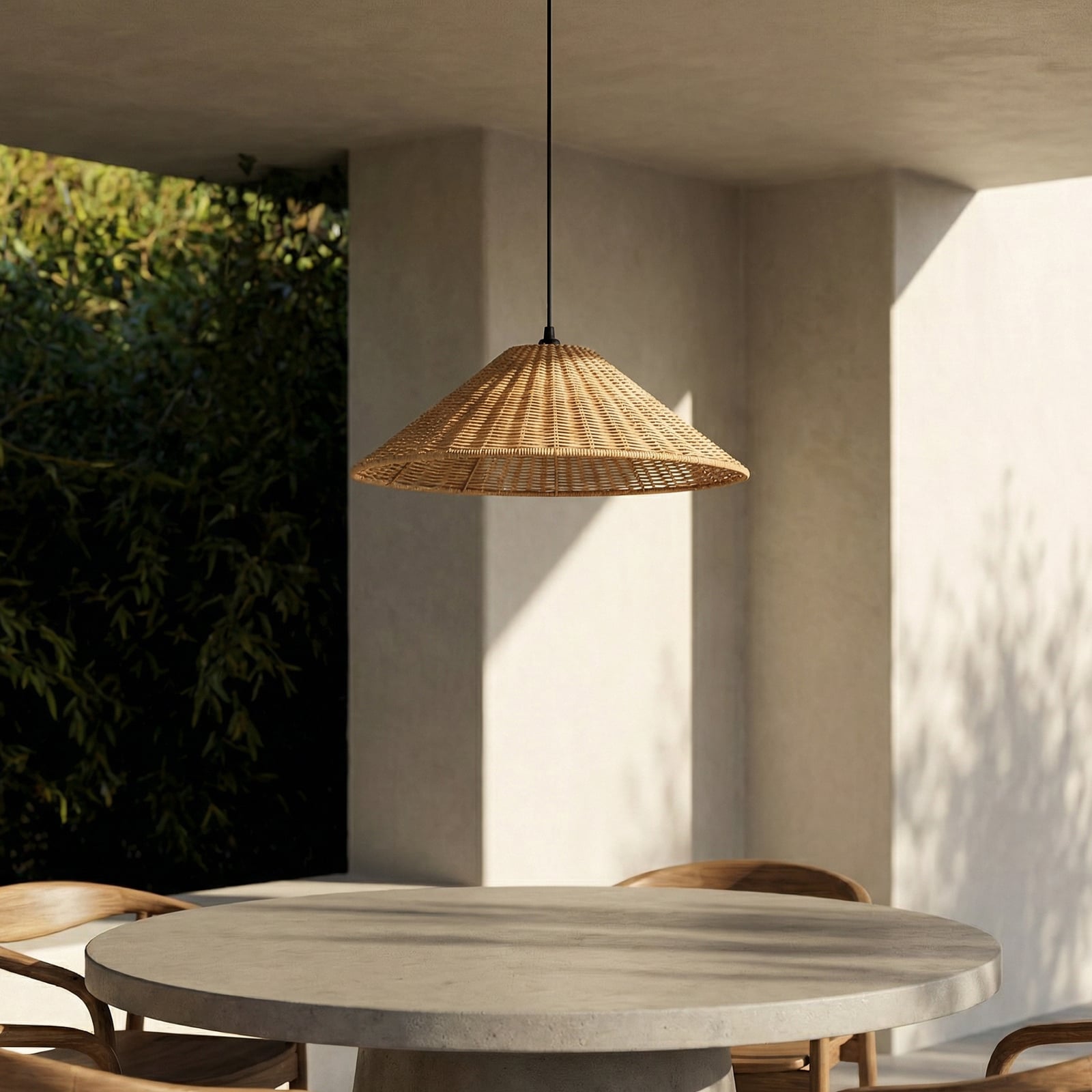 Taniola kültéri függesztett lámpa, Ø 60 cm, E27, kúpos, rattan, IP44 - Lucande