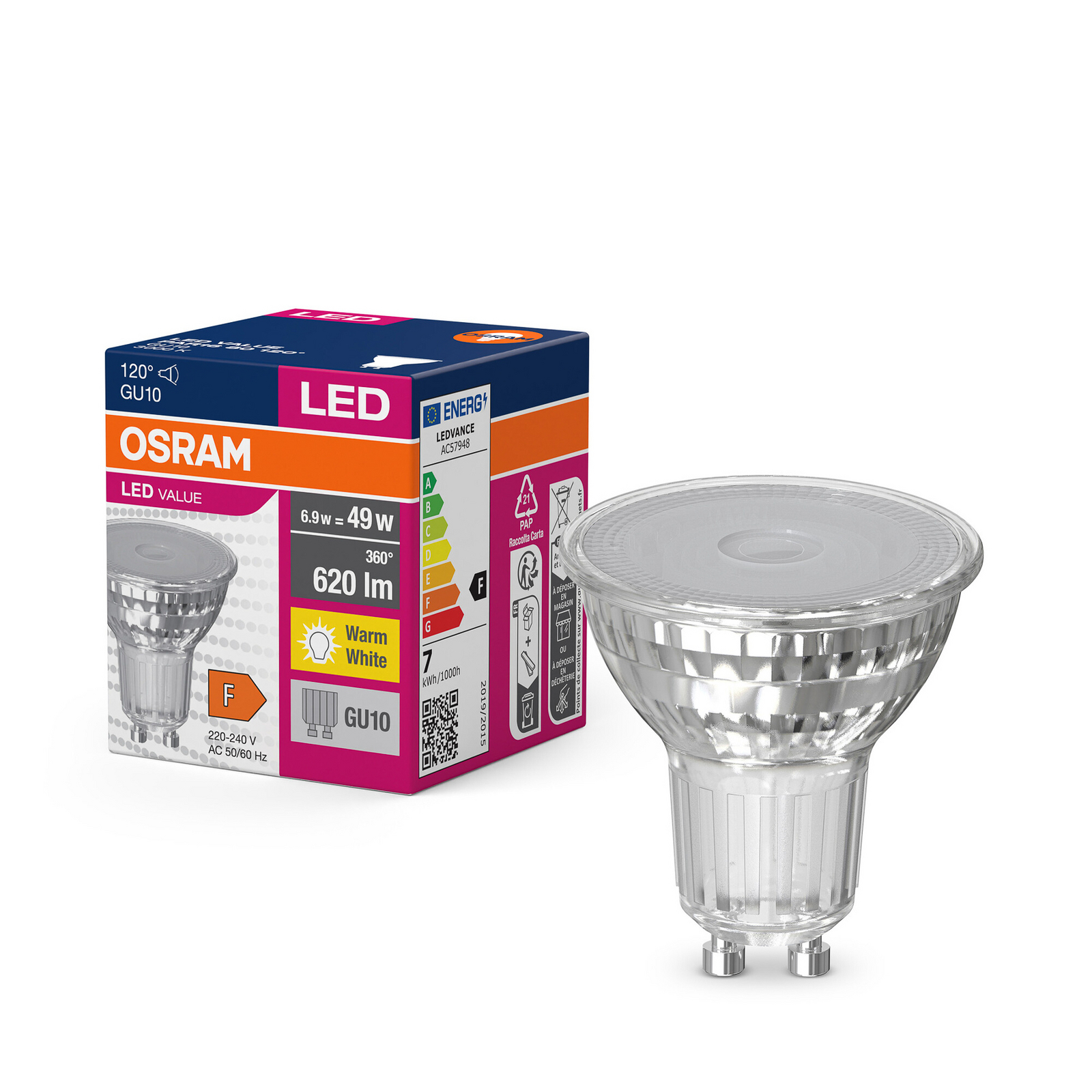 OSRAM LED spuldze ar atstarotāju GU10 6,9 W 120° 830 caurspīdīga