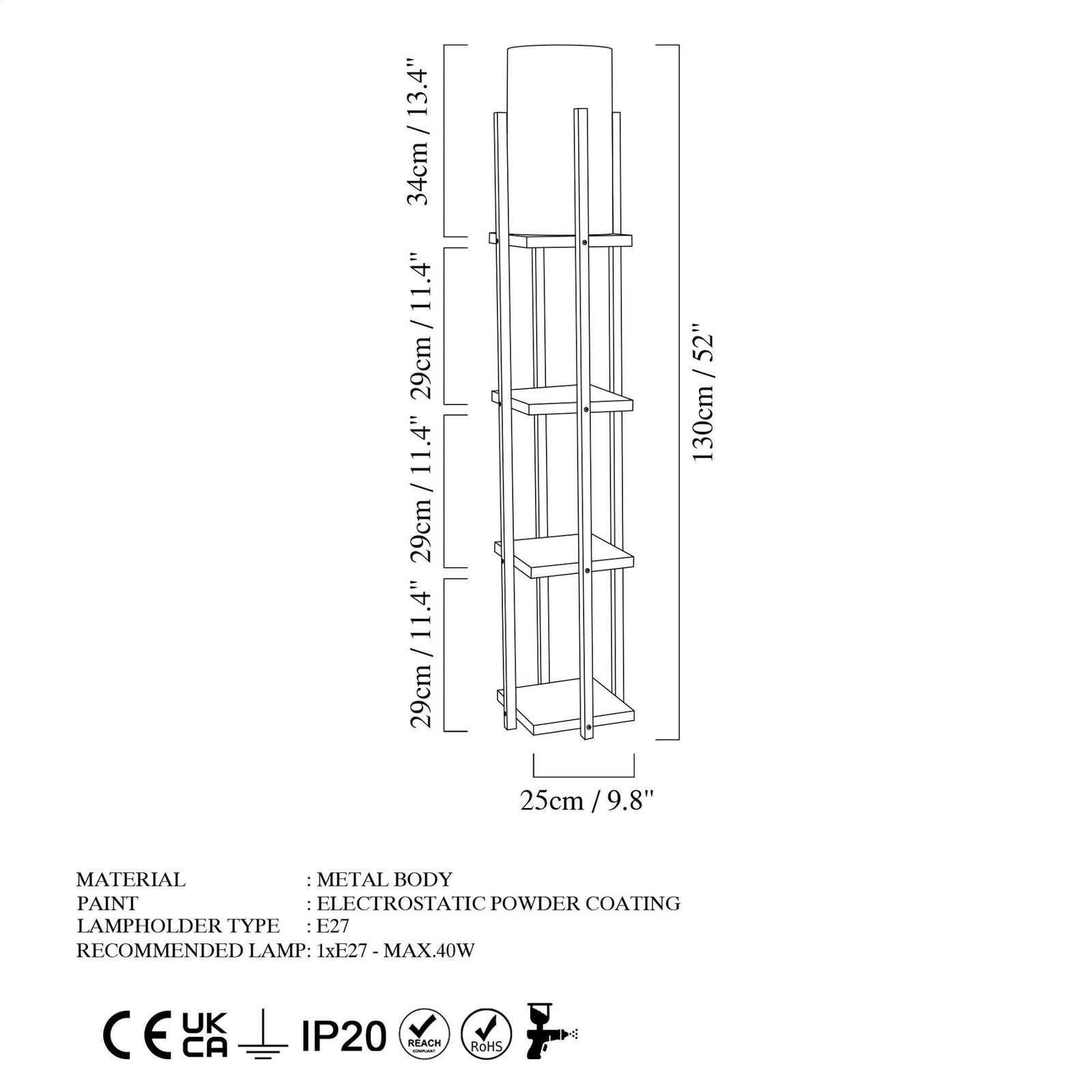 Stojací lampa 8115, černá/zlatá/bílá, kov/plátno, výška 130 cm