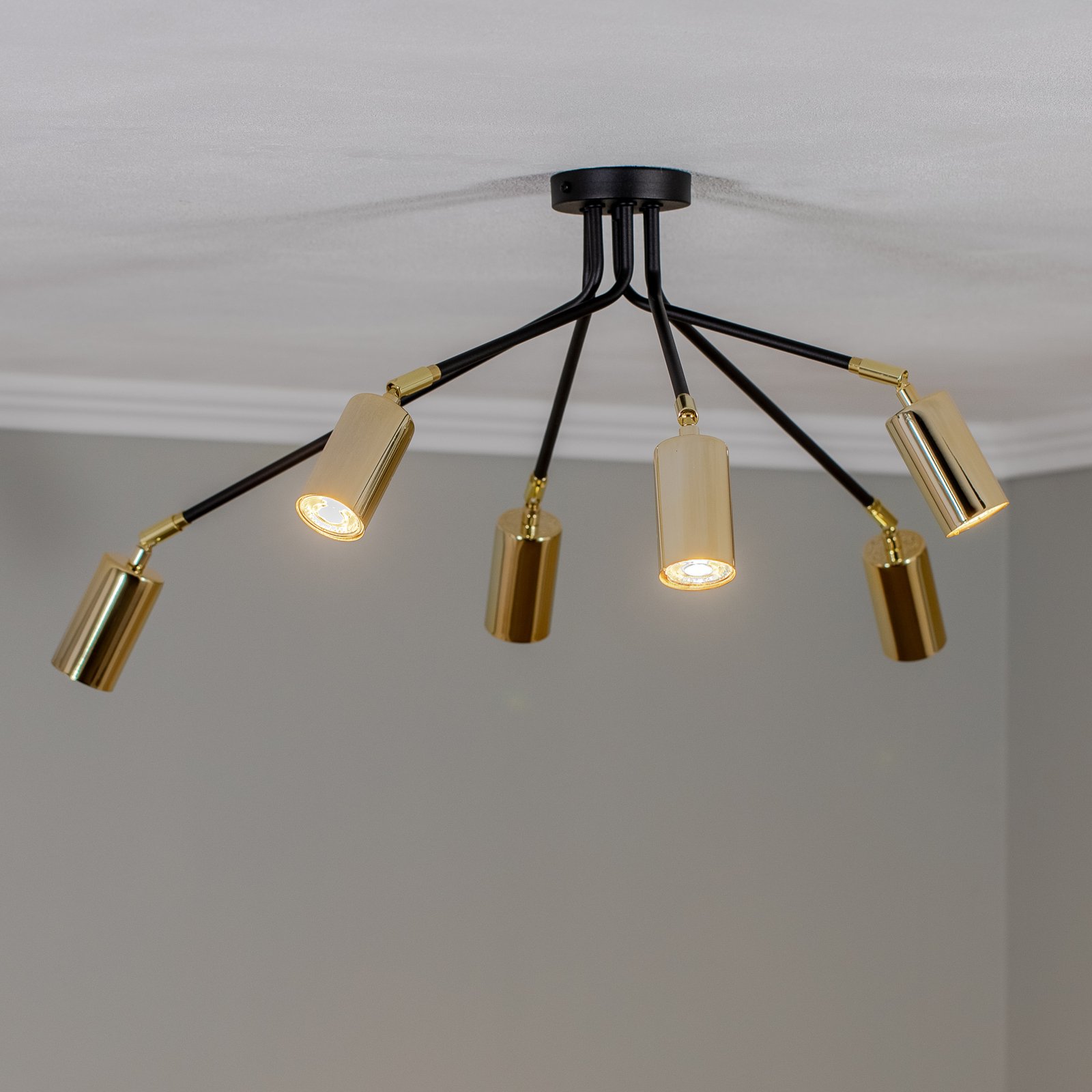 Orbit ceiling light, black/gold, six-bulb