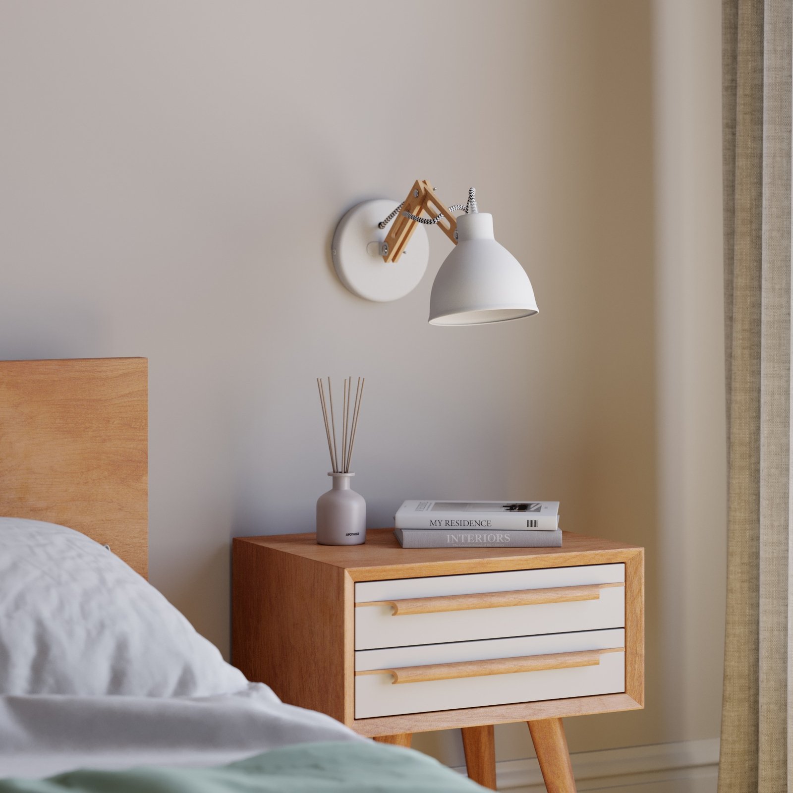 Skansen wall lamp, adjustable wooden arm, white