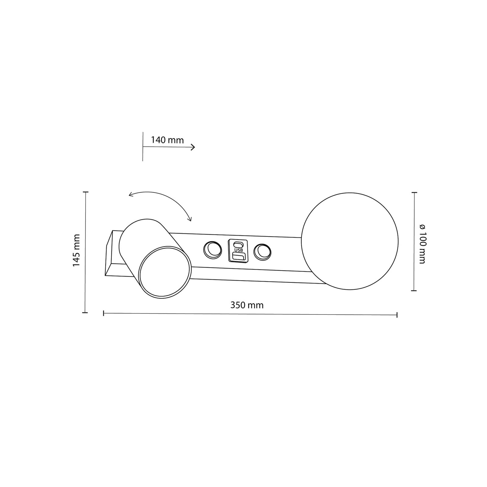 Vox zidna svjetiljka, crna, staklo, širine 35 cm, USB
