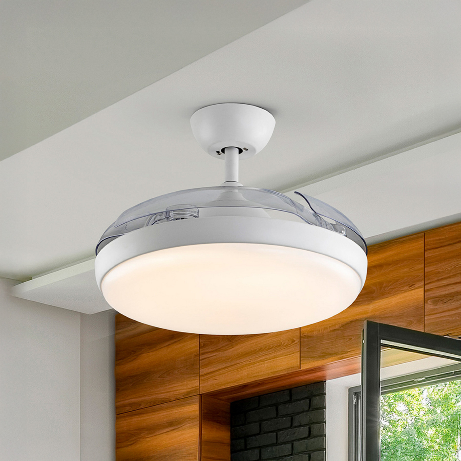 LED stropni ventilator Venturi bel/prozoren DC, Ø 106 cm tih