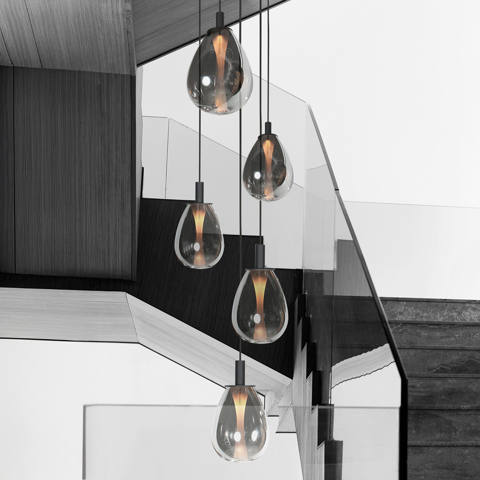 Lampada LED a sospensione Glimsy, Ø 40 cm nero/grigio fumo vetro a 5 luci.