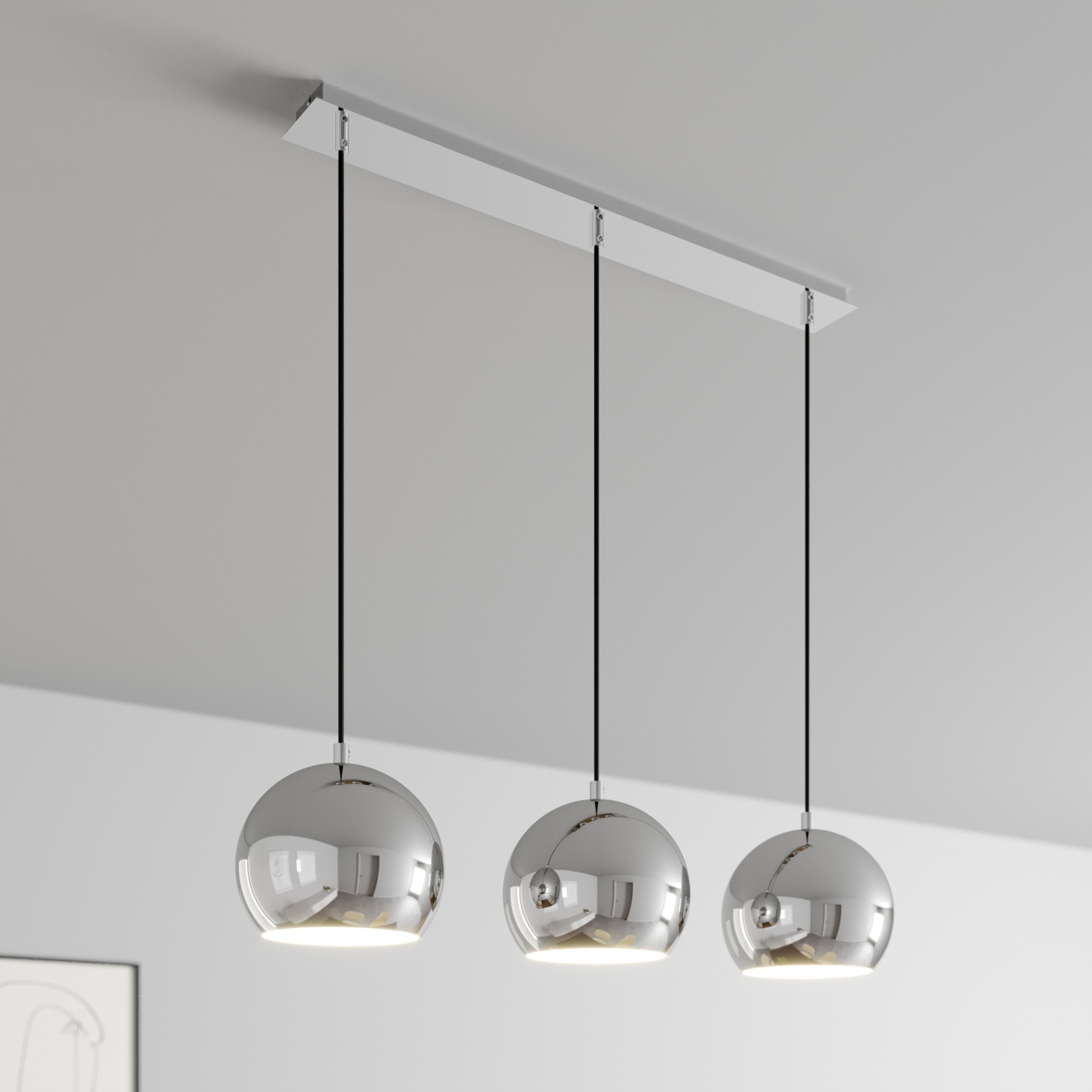 Hanglamp Cool, 3-lamps lineair, chroom