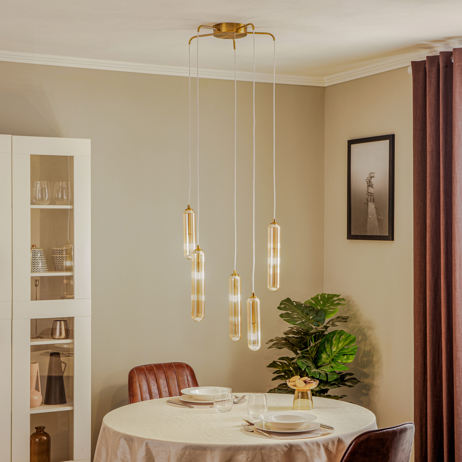 Lucande Freylin hanglamp, 5-lamps, amber, glas, 48 cm