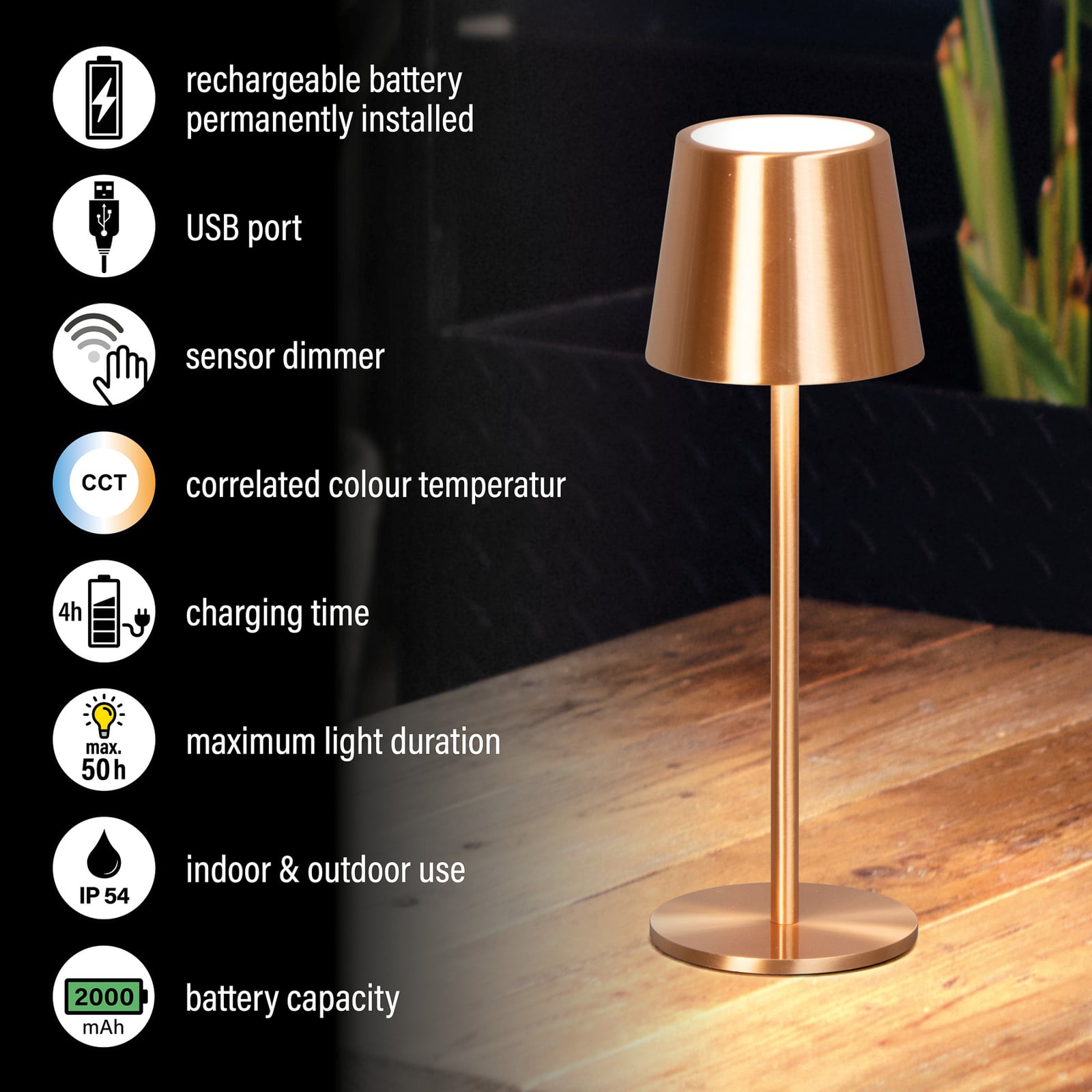 LED tafellamp Roxi, koperkleurig, metaal, IP54, dimbaar