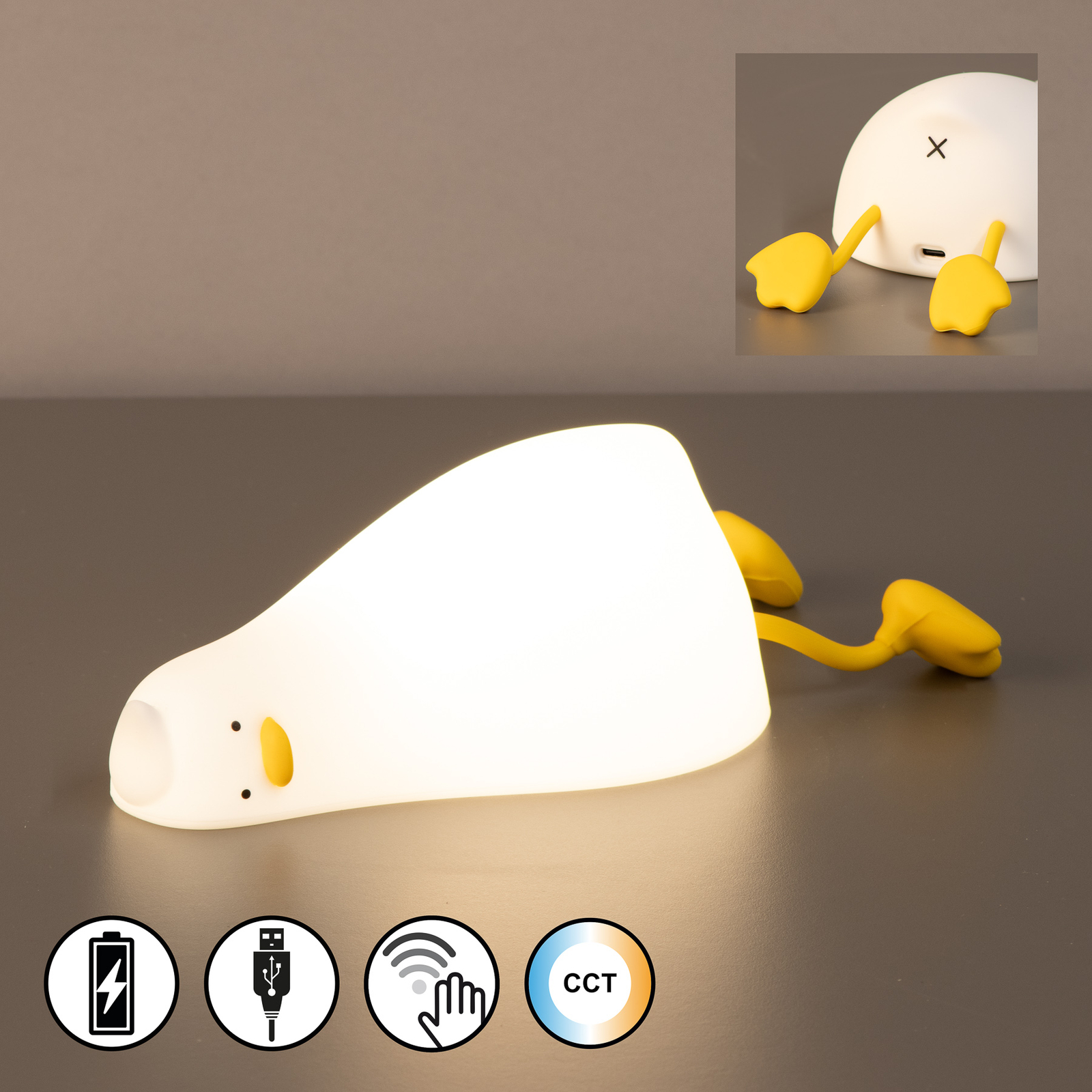 LED noćna lampa na baterije Ducky, duck, bijela, timer, prigušivanje