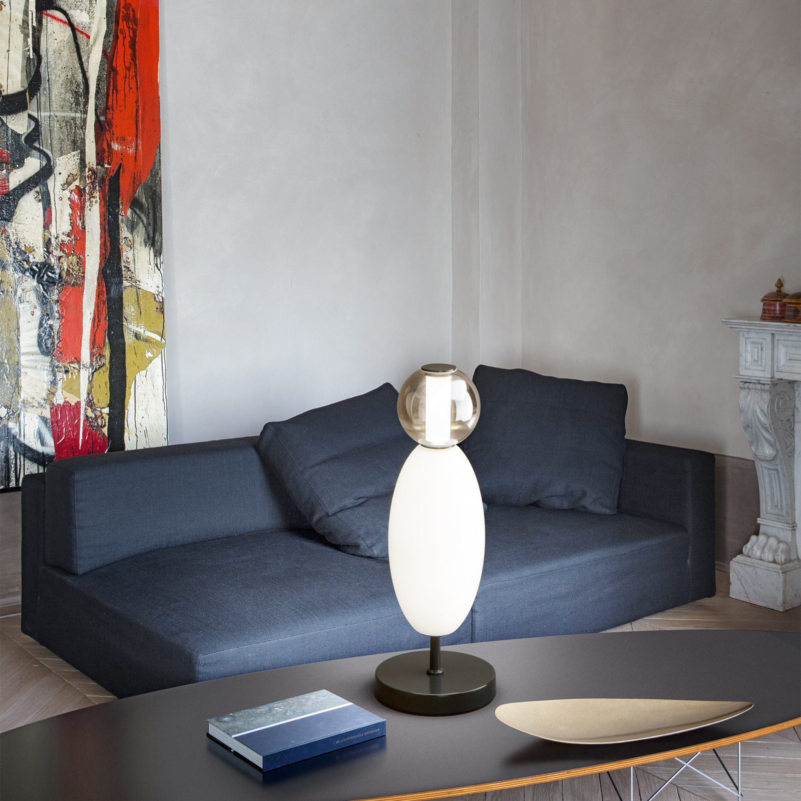 Ideal Lux επιτραπέζιο φωτιστικό LED Lumiere, γυαλί οπαλ/γκρι, ύψος 50 cm