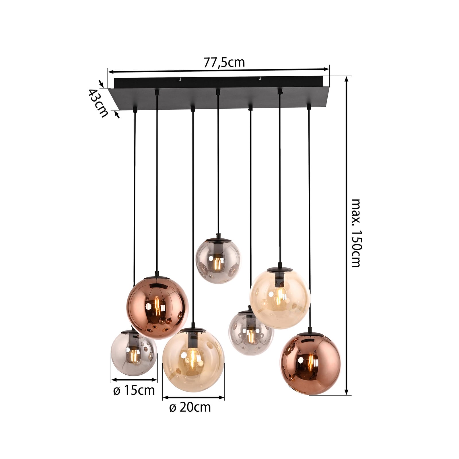 Shiny pendant light, 7-bulb, long, multicoloured, glass, E14