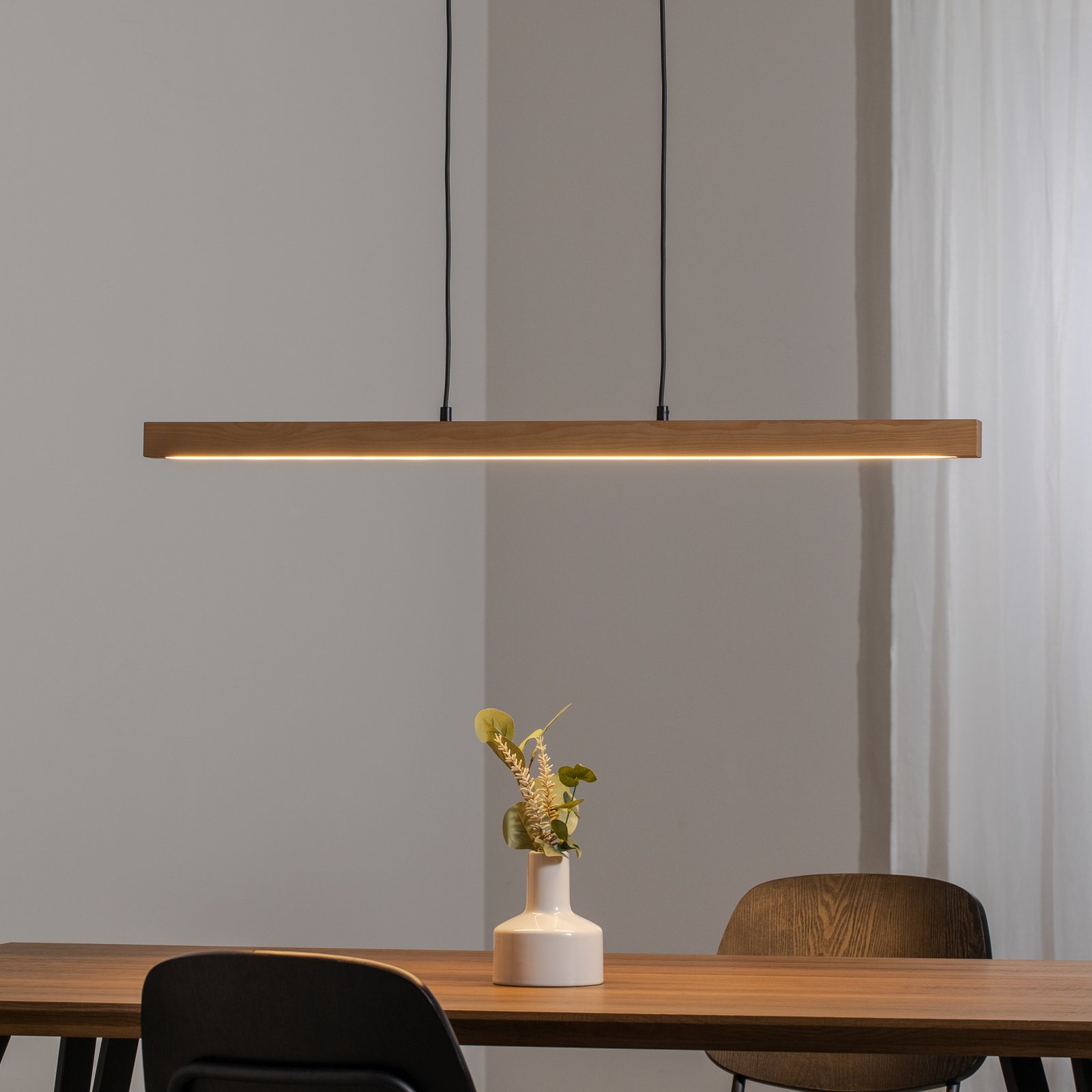 Suspension LED en bois Teo, pin, 96 cm, variateur tactile