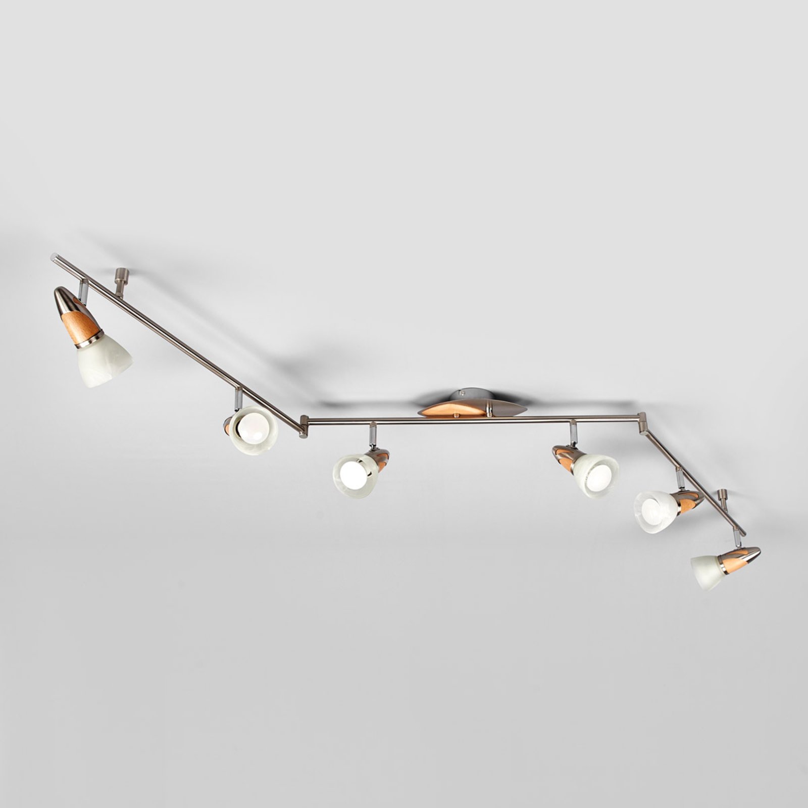 Lindby Marena ceiling light, 4-bulb, glass, wood, 180 cm long