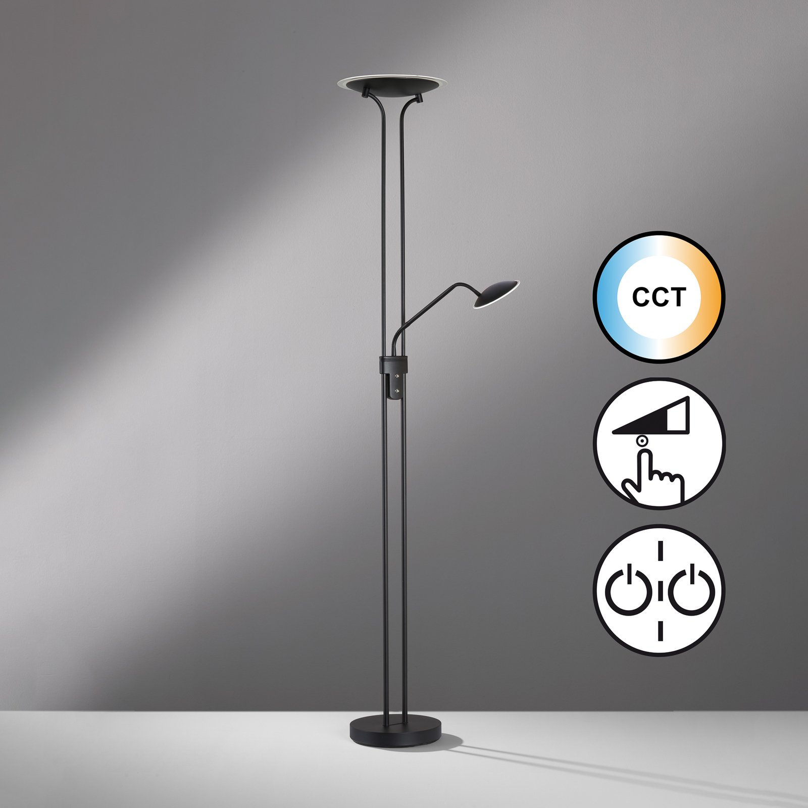 LED stojací lampa Tallri, černá, 180 cm, 2 světla, kov, CCT