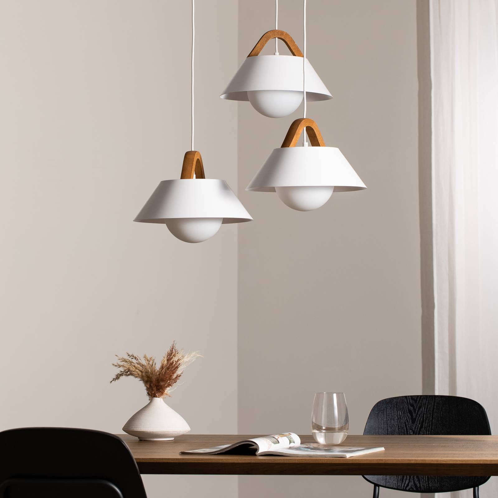 Żyrandol Funda, brązowy/biały, Ø 64 cm, stal/drewno, 3-punktowa