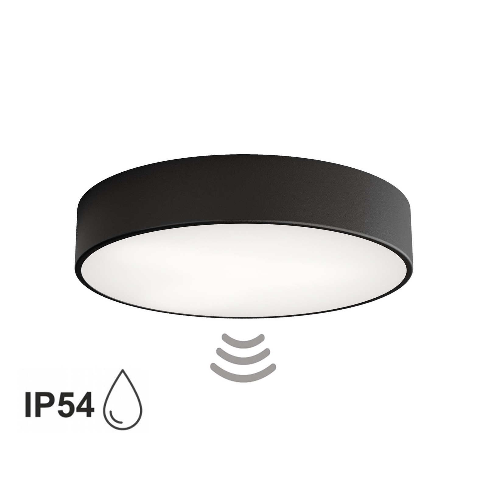 Deckenlampe Cleo 400, schwarz, Sensor, IP54, Ø 40 cm, Metall