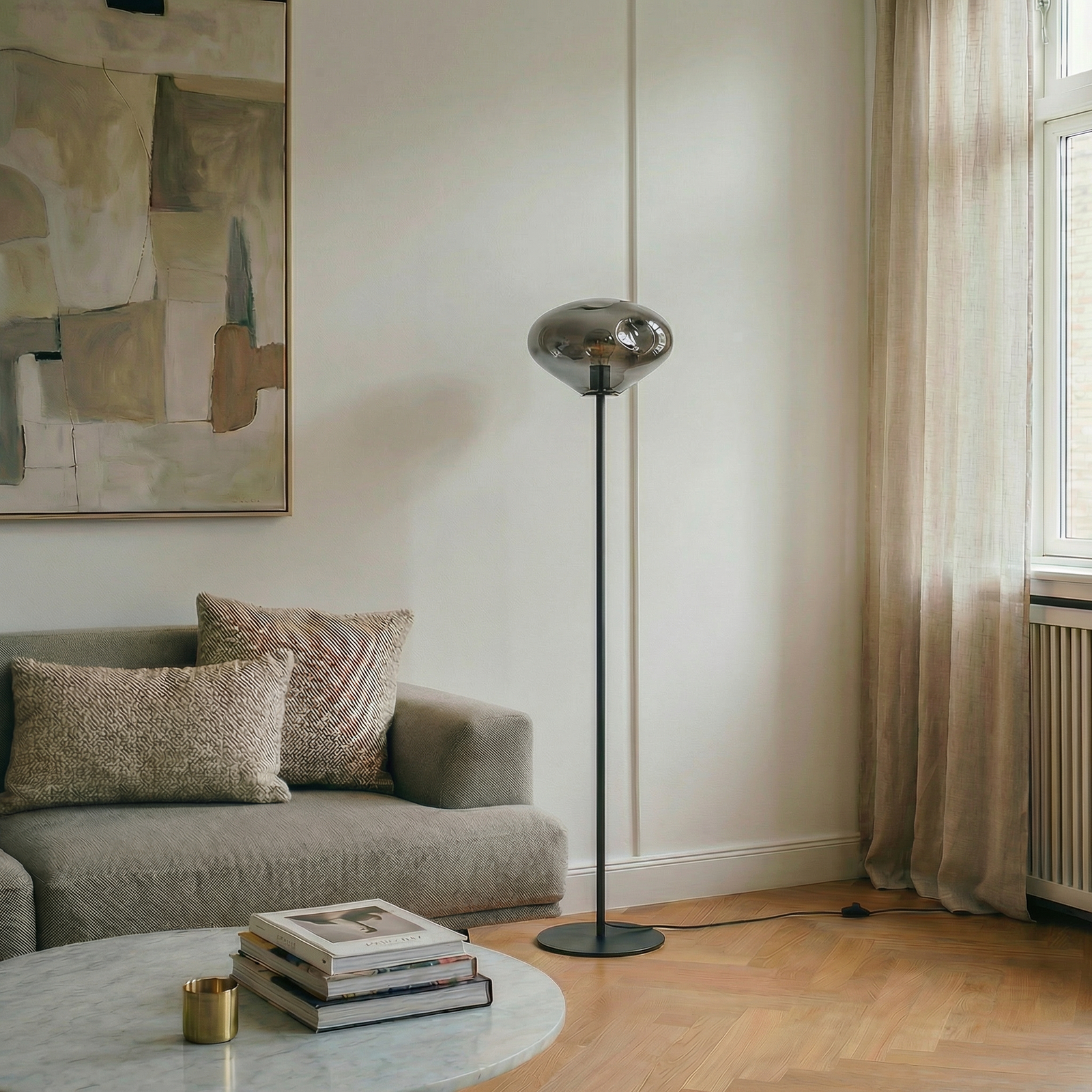 Lelia vloerlamp hoogte 150 cm rookgrijs glas metaal - Lindby