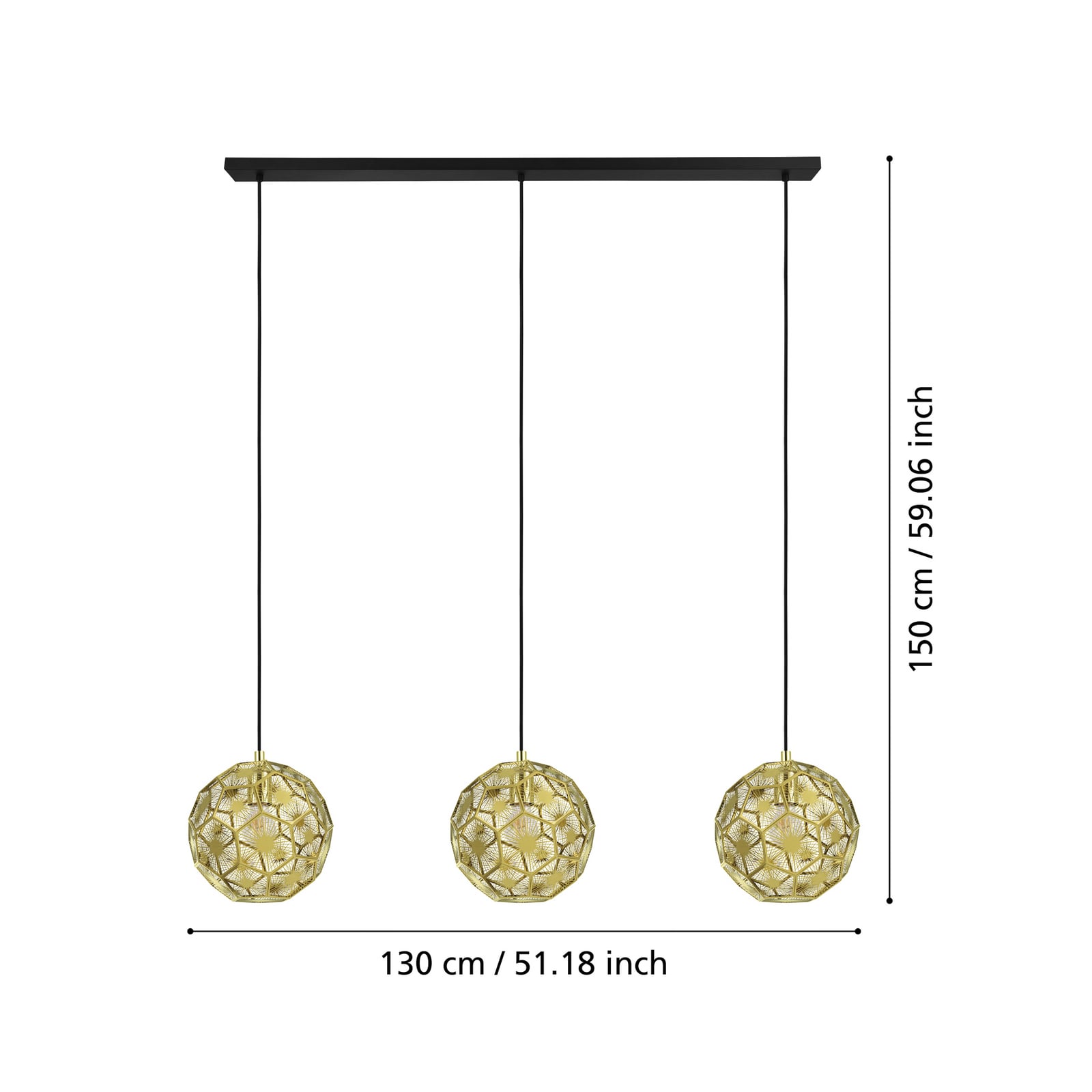 Hængelampe Skoura, messingfarvet, længde 130 cm, 3 lyskilder af stål Hængelampe Skoura, messingfarvet, længde 130 cm, 3 lyskilder af stål