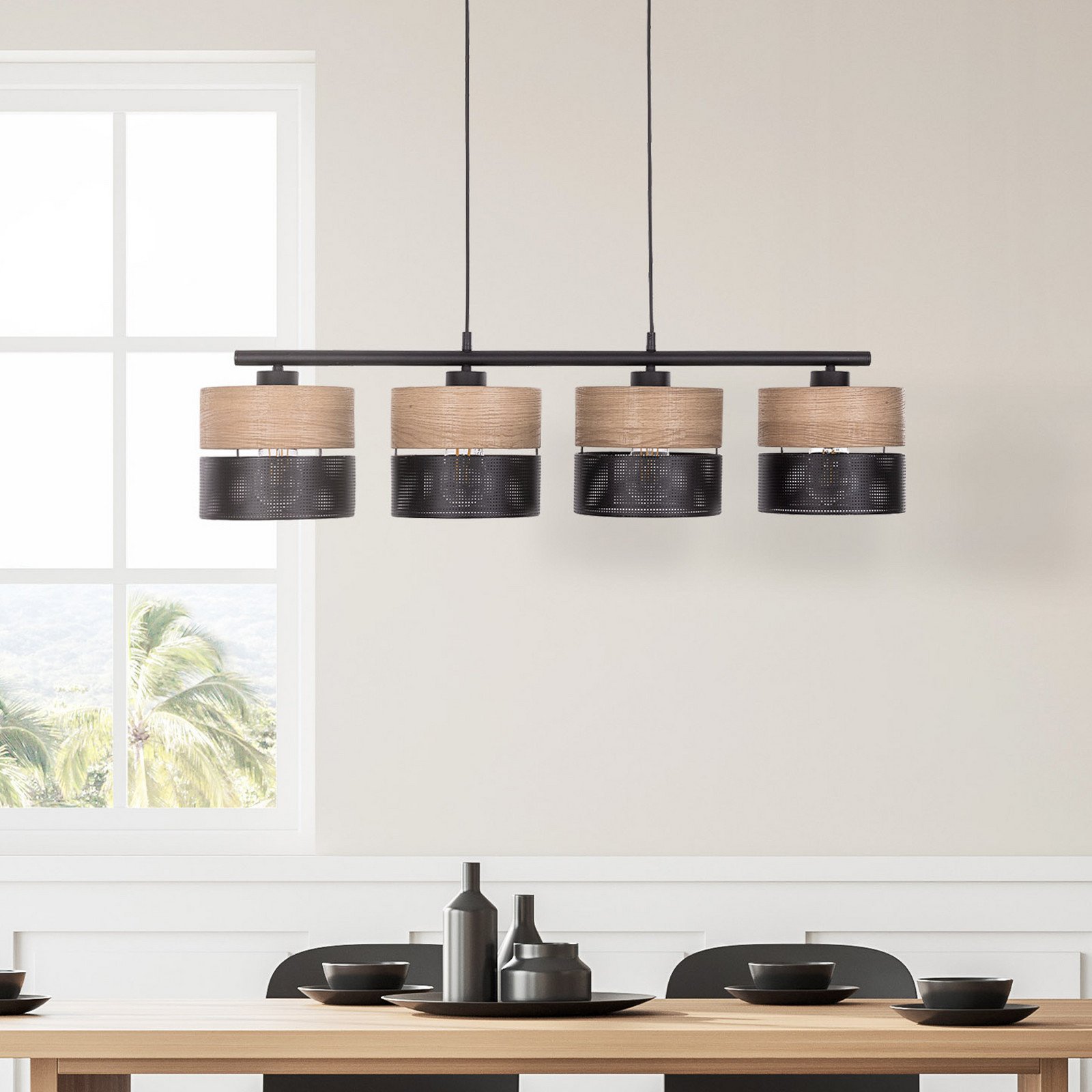 TK Lighting Lampă suspendată Nicol negru/efect lemn 94x20 cm 4 lumini 4 x E27 - Camera de zi / sufragerie - modern - negru lemn de stejar - Metal