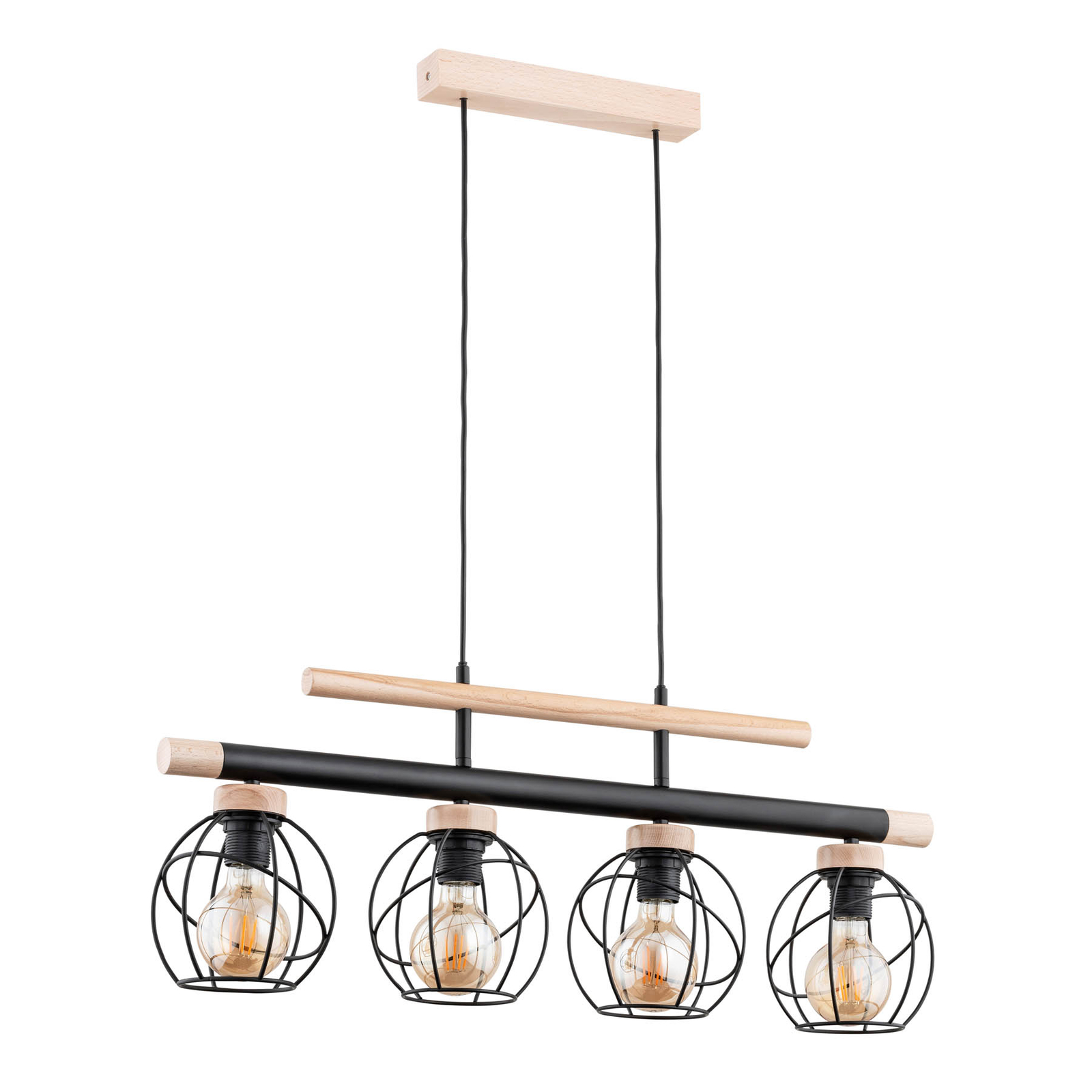 Candeeiro suspenso Basket moderno em madeira, quatro luzes