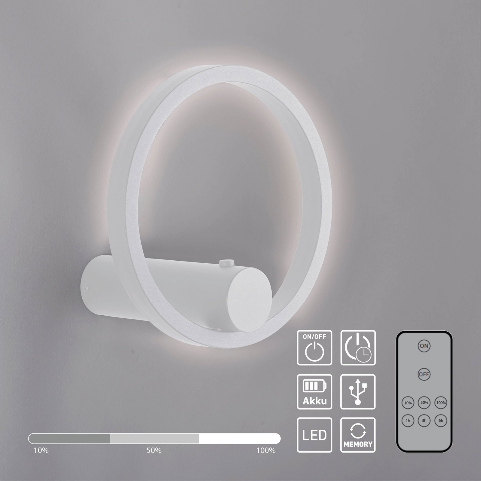 JUST LIGHT. Aplique de pared LED recargable Archie, blanca, 3000 K