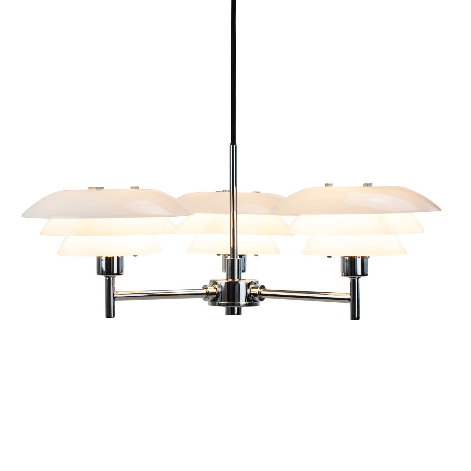 Dyberg Larsen kroonluchter DL20, opaal/chroom, Ø 50 cm, 3-lamps.