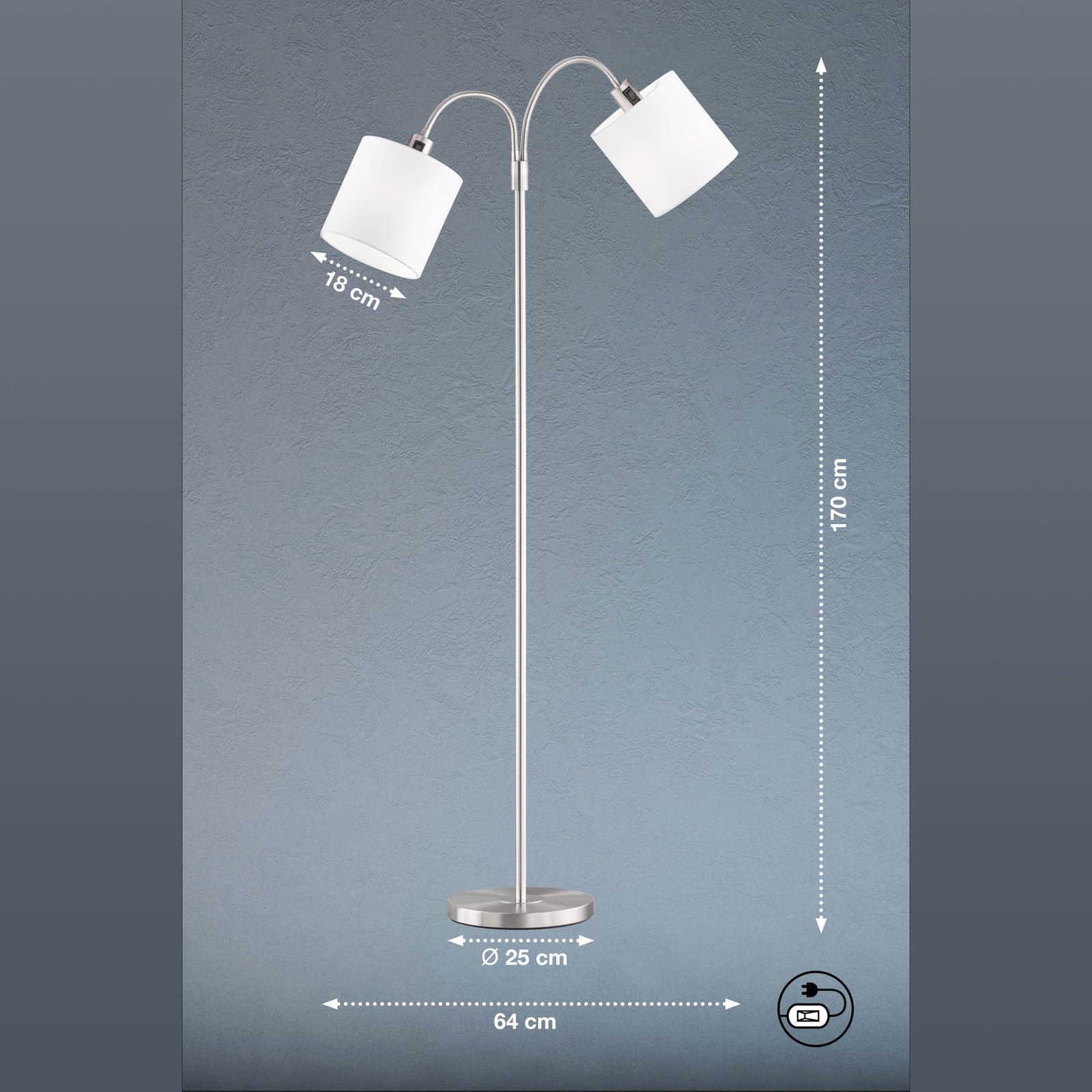 Vloerlamp Cozy, 2-lamps, stof, nikkel/wit