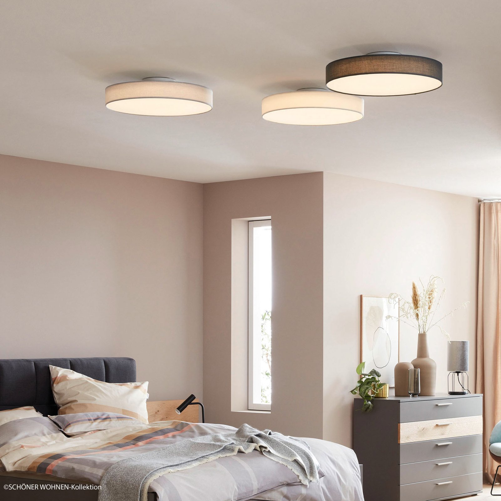 SCHÖNER WOHNEN Schöner Wohnen Pina LED ceiling light, dark grey, for Living / Dining Room, fabric, plastic, 32 W, energy efficiency: A+, H: 13 cm
