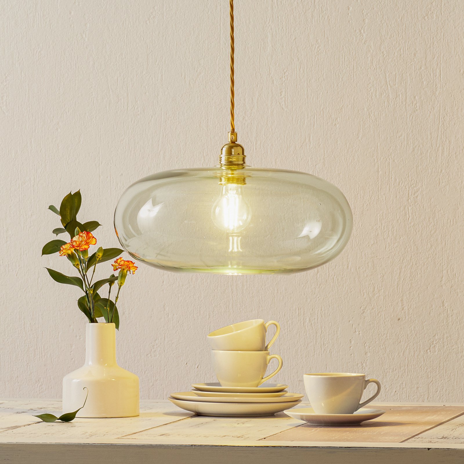 EBB & FLOW Horizon hanging lamp smoky gold Ø 36 cm, for Living / Dining Room, glass, metal, fabric, E27, 25 W, energy efficiency: A++, H: 20 cm