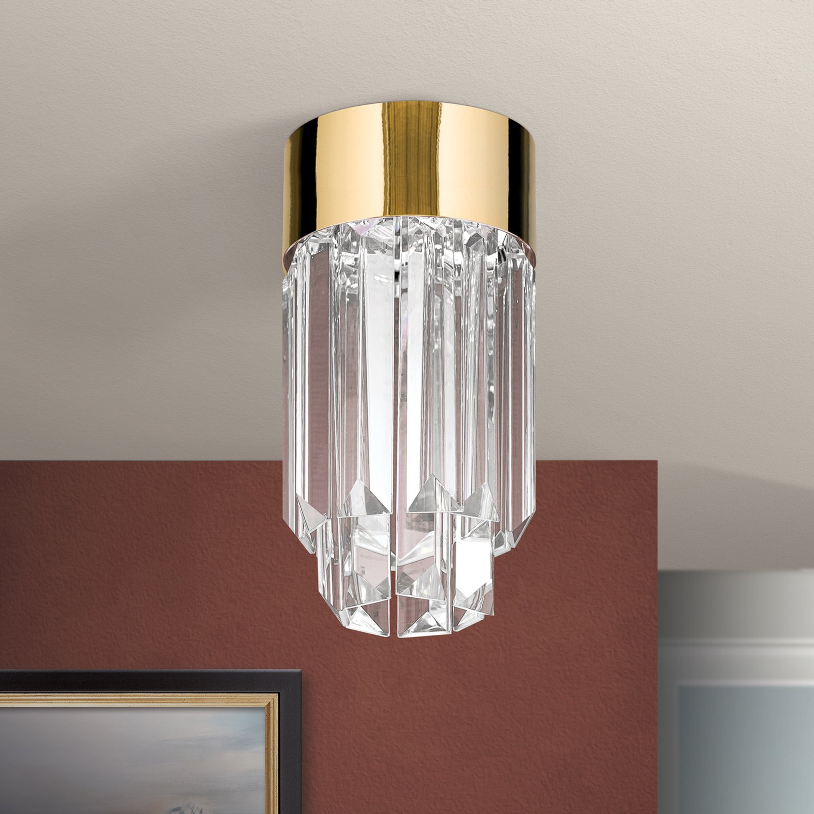 Plafón LED Prism, vidrio cristal, Ø 10 cm, oro