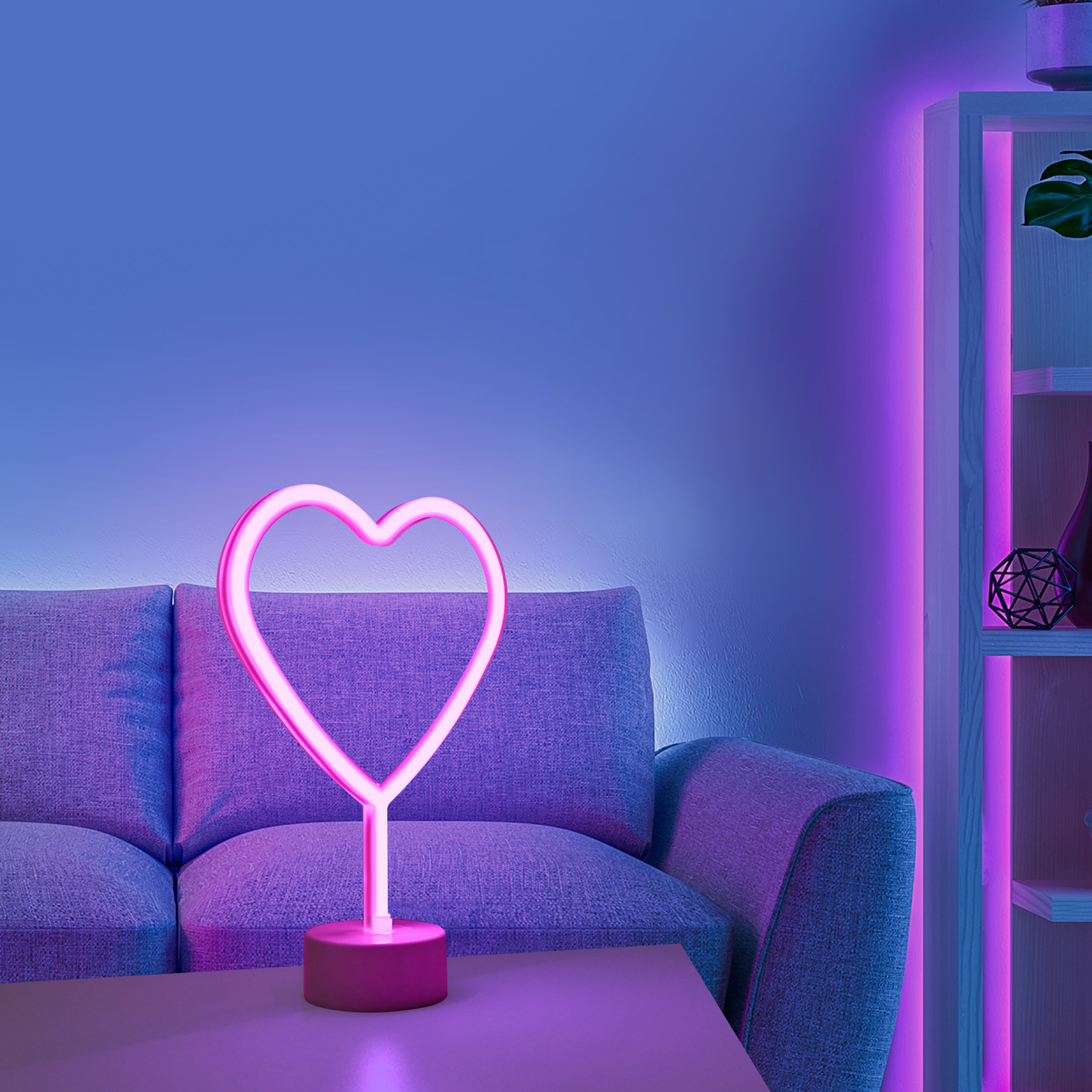 LED-bordslampa Neon Hjärta, batteridriven