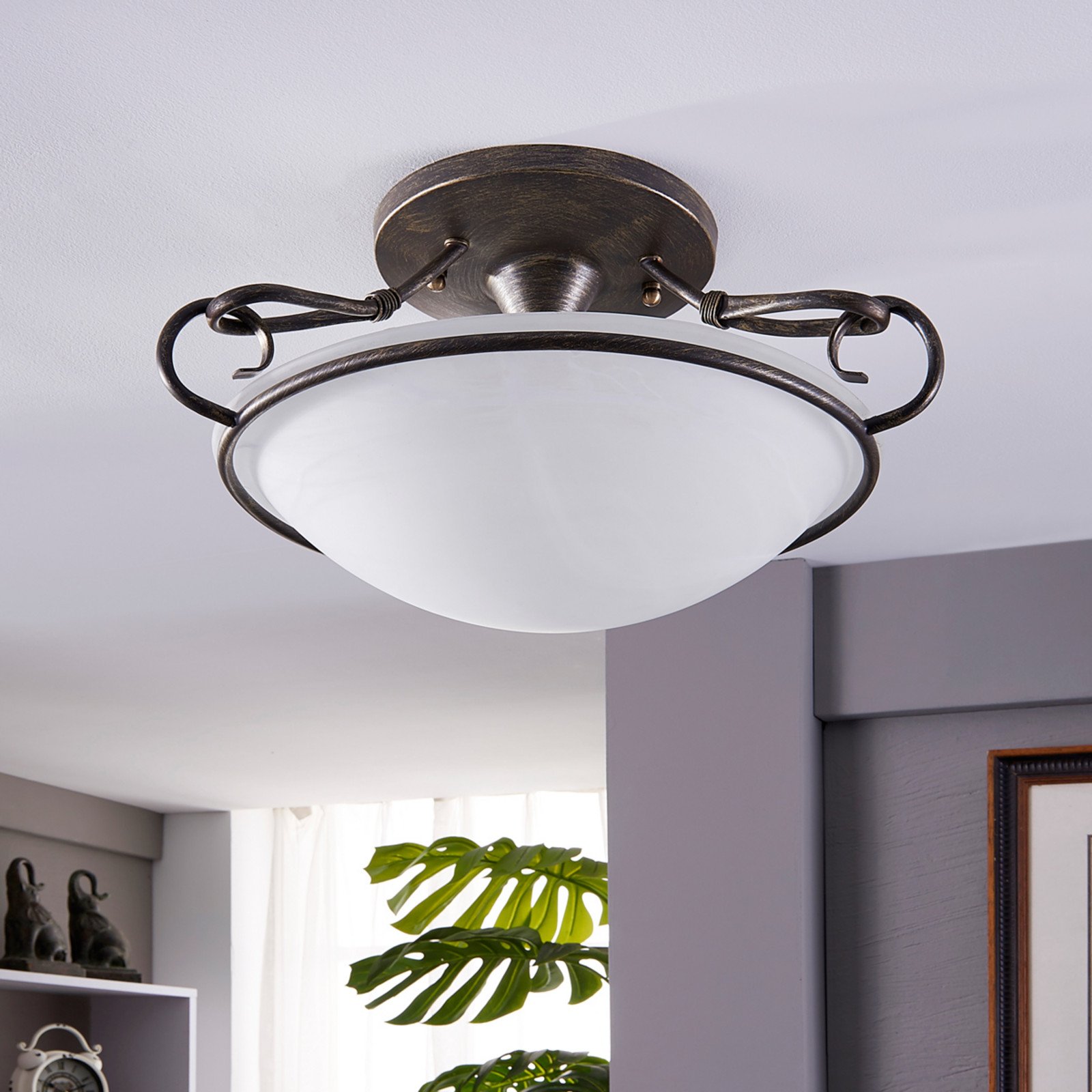 Lindby plafonieră Rando argint antic sticlă Ø 50 cm E27 - Camera de zi / sufragerie - Casă de țară / Rustic - argint antic alabastru alb - Metal