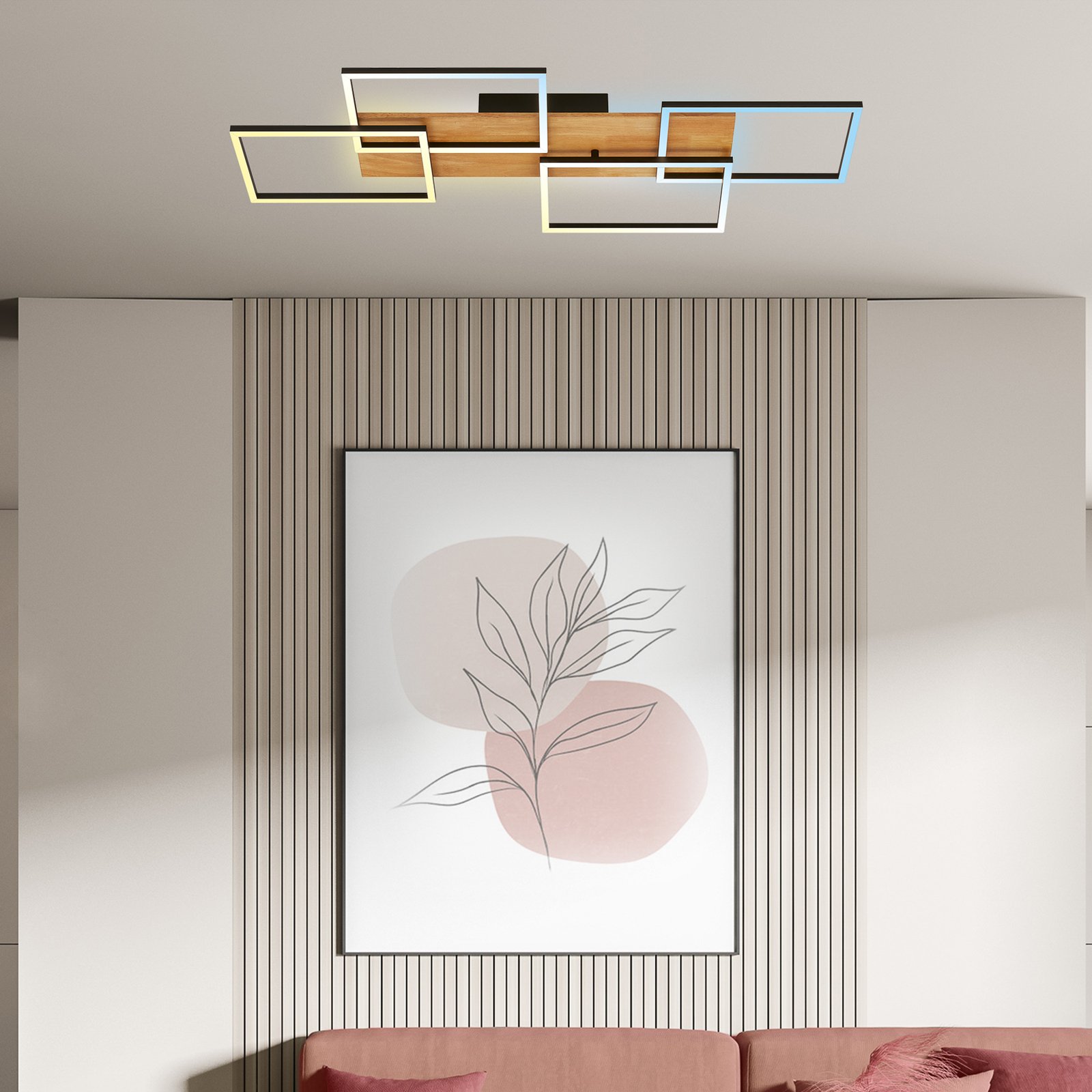 Cornice LED ceiling light, 95x41cm, wood, remote control