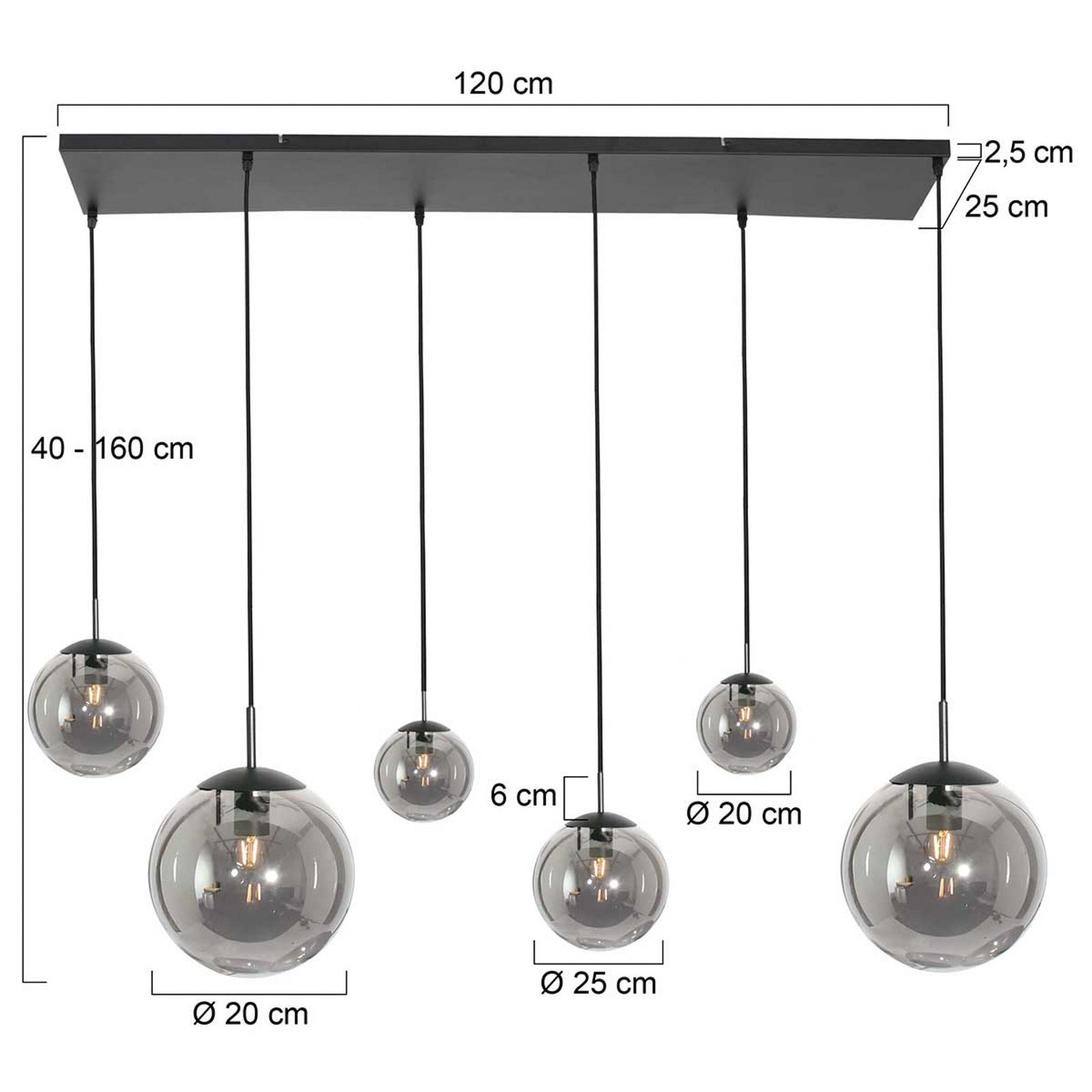 Steinhauer Lampă suspendată Bollique 6 becuri negru - Camera de zi / sufragerie - negru gri fumuriu - Sticlă
