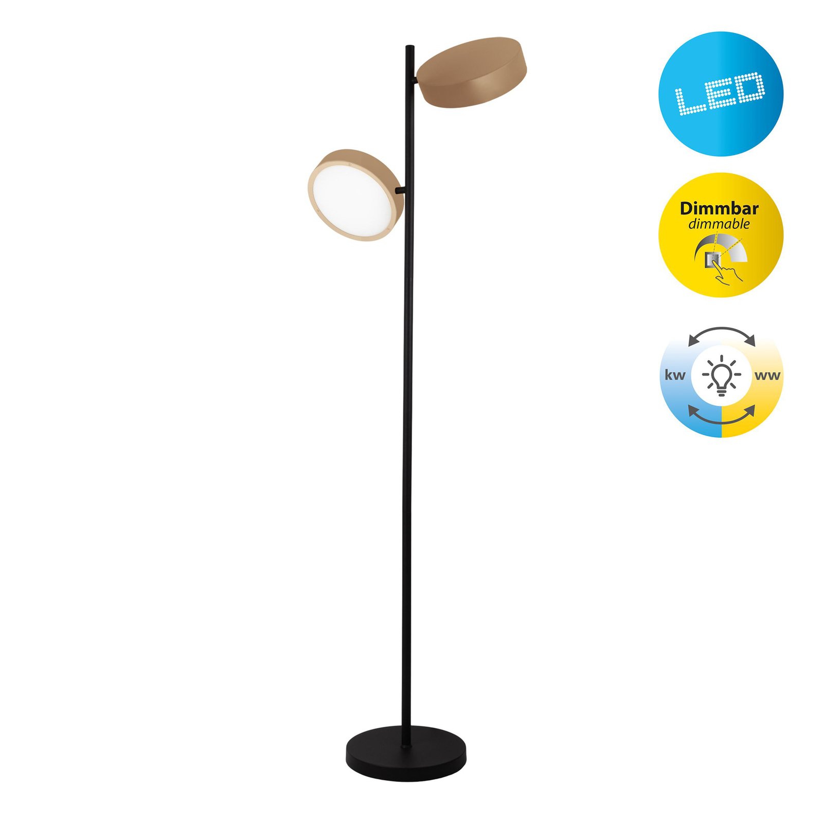 Lámpara de pie LED Tessa negro/beige 165 cm Touchdim CCT 2 luces.