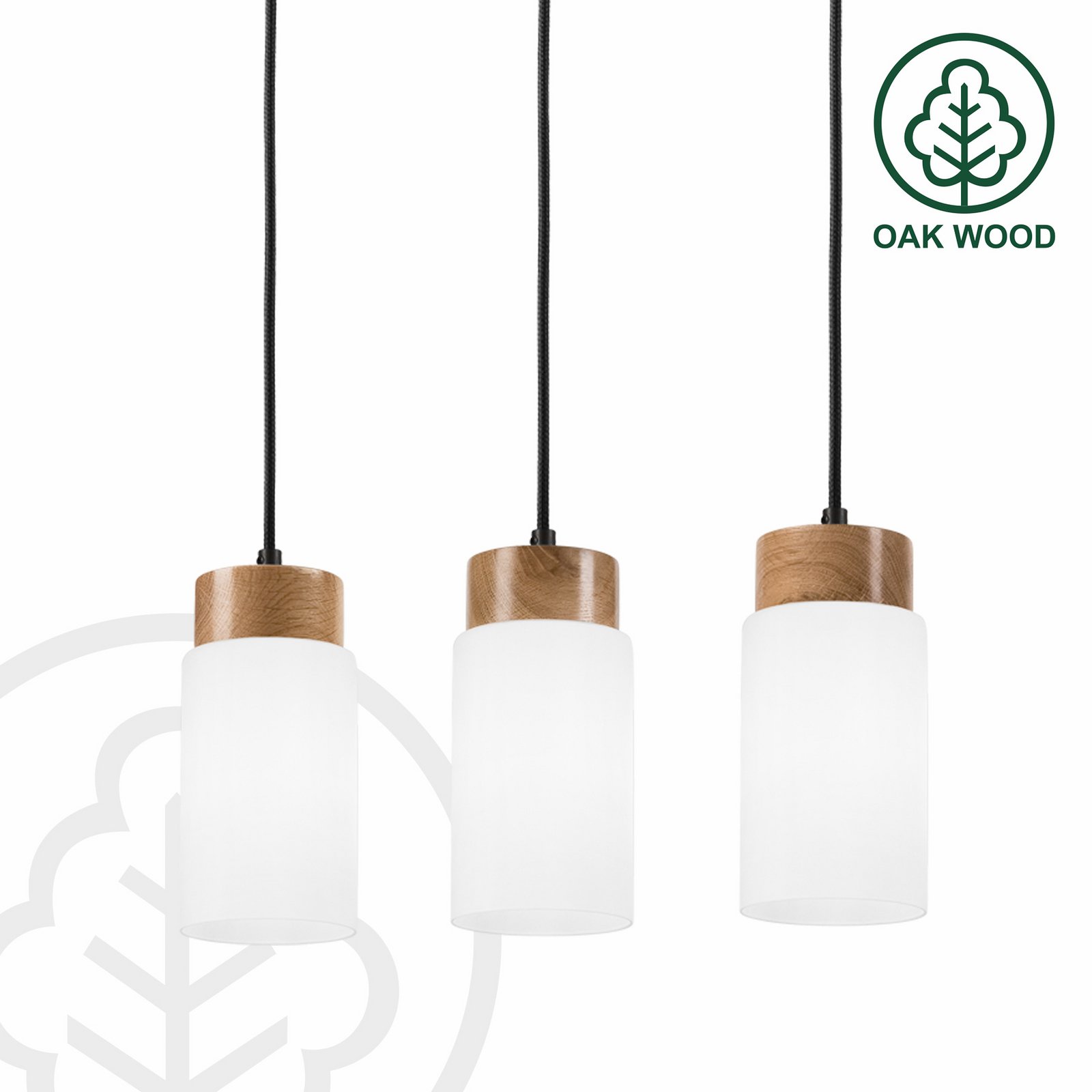 Hängeleuchte Markus, Opalglas/Eichenholz, Länge 60 cm 3-flg.