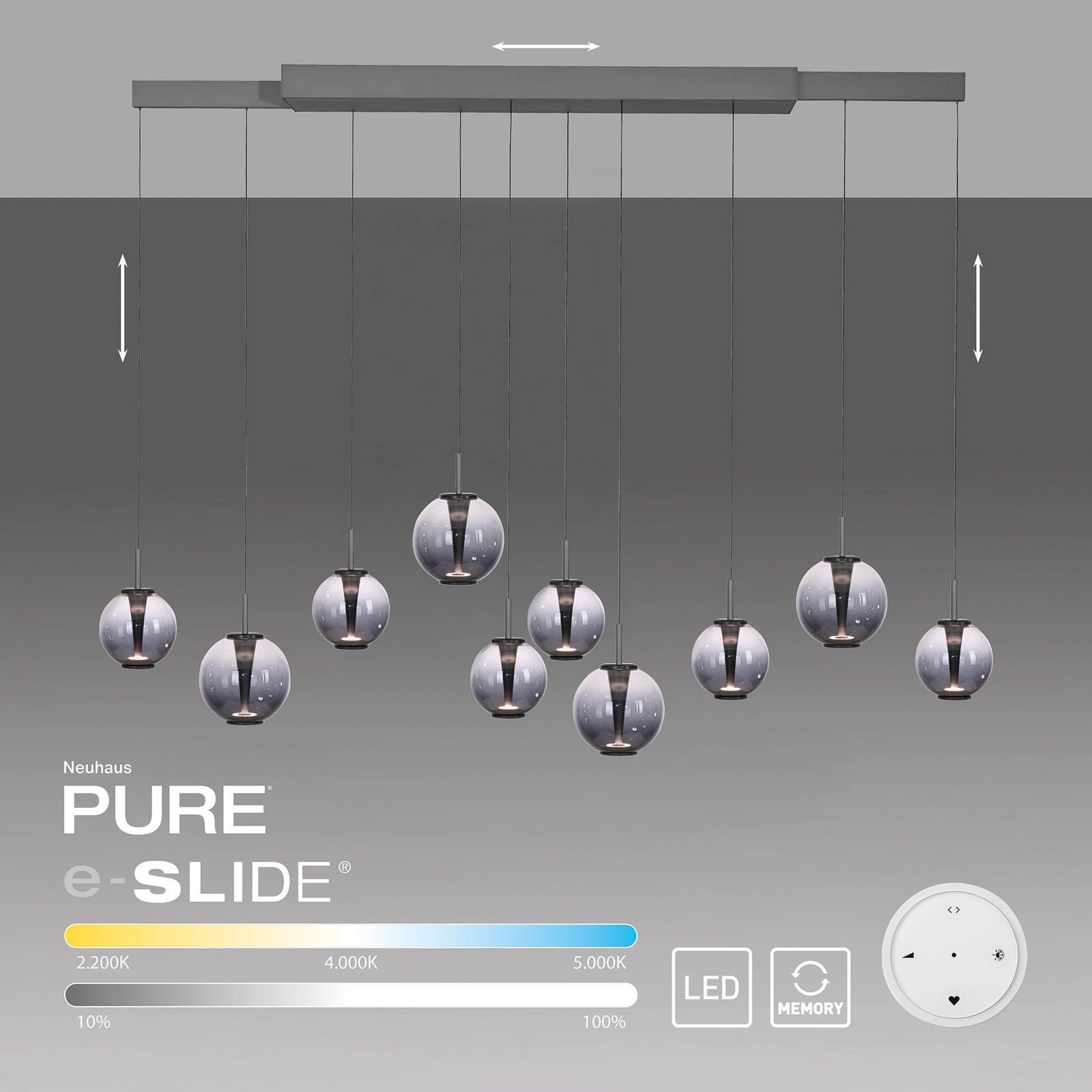 E-Infinity LED-Hängelampe grau/rauchgrau 198cm,10-flg - PURE E-Infinity LED-Hängelampe grau/rauchgrau 198cm,10-flg - PURE