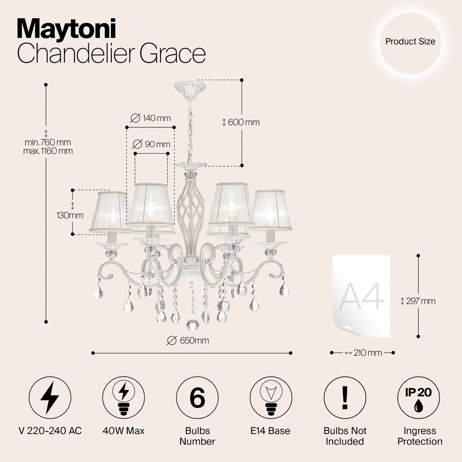 Maytoni Grace kroonluchter, wit, 6-lamps, organza, E14