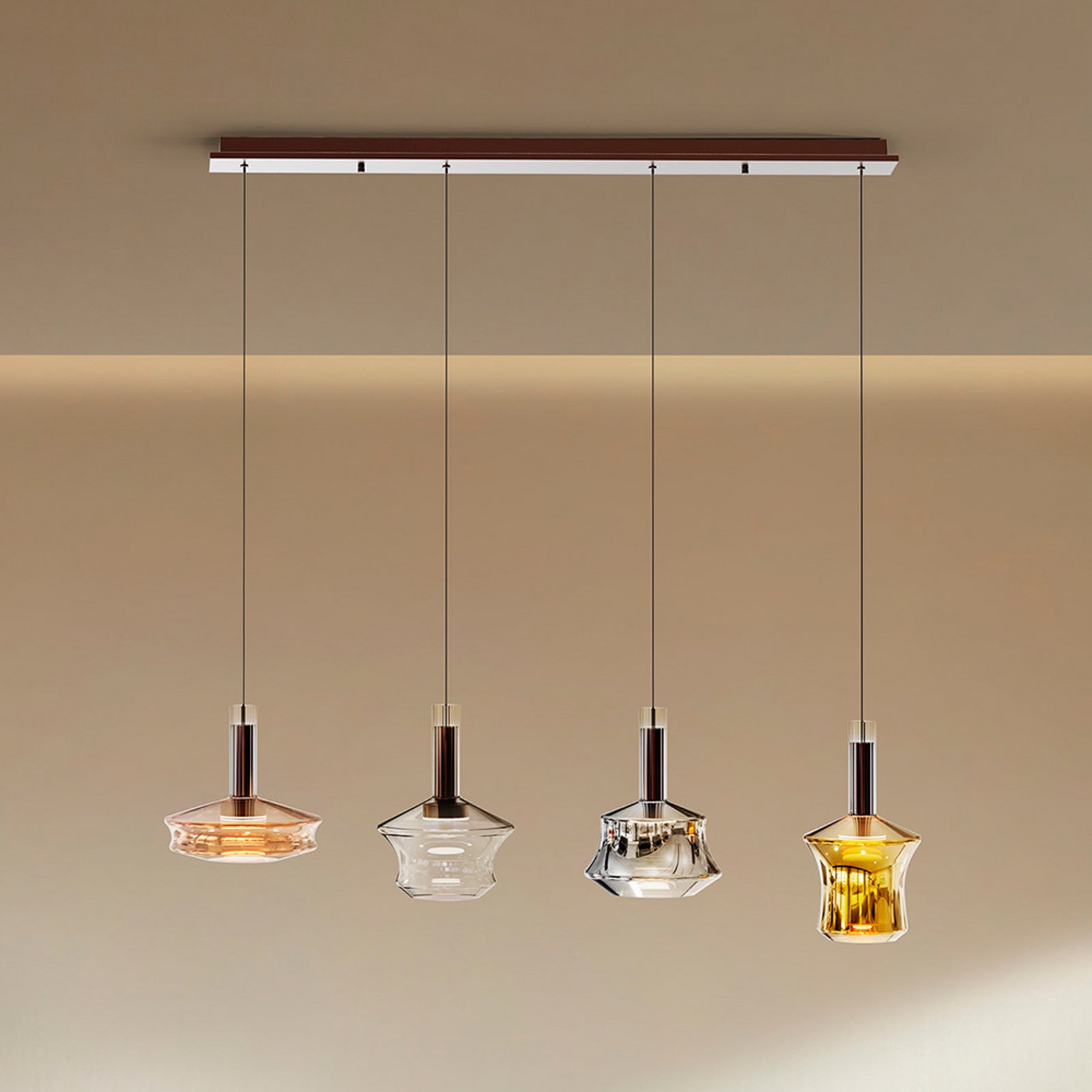 LED hanglamp Scarlett, kleurrijk, lengte 108 cm, glas, 4-lamps.