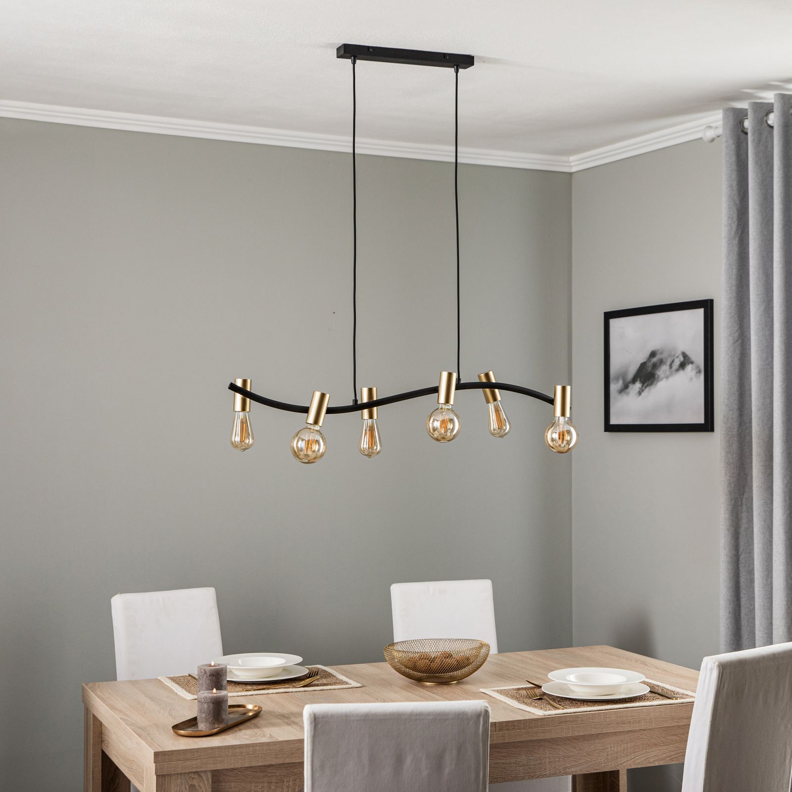 Lindby Anito hanglamp 6-lamps zwart/goud