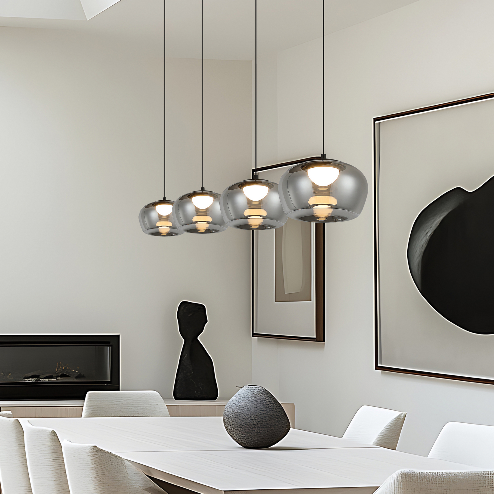 Nadia LED hanging light, length 92 cm, smoky grey, glass, 4-bulb