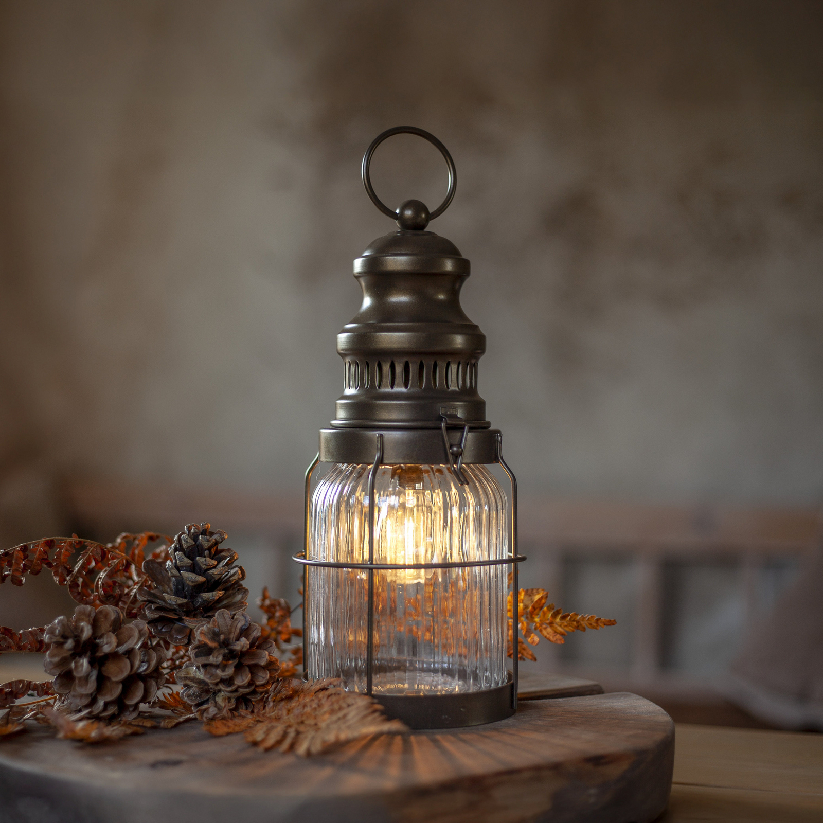 Aina LED lantern, bronze, height 28 cm, metal/glass