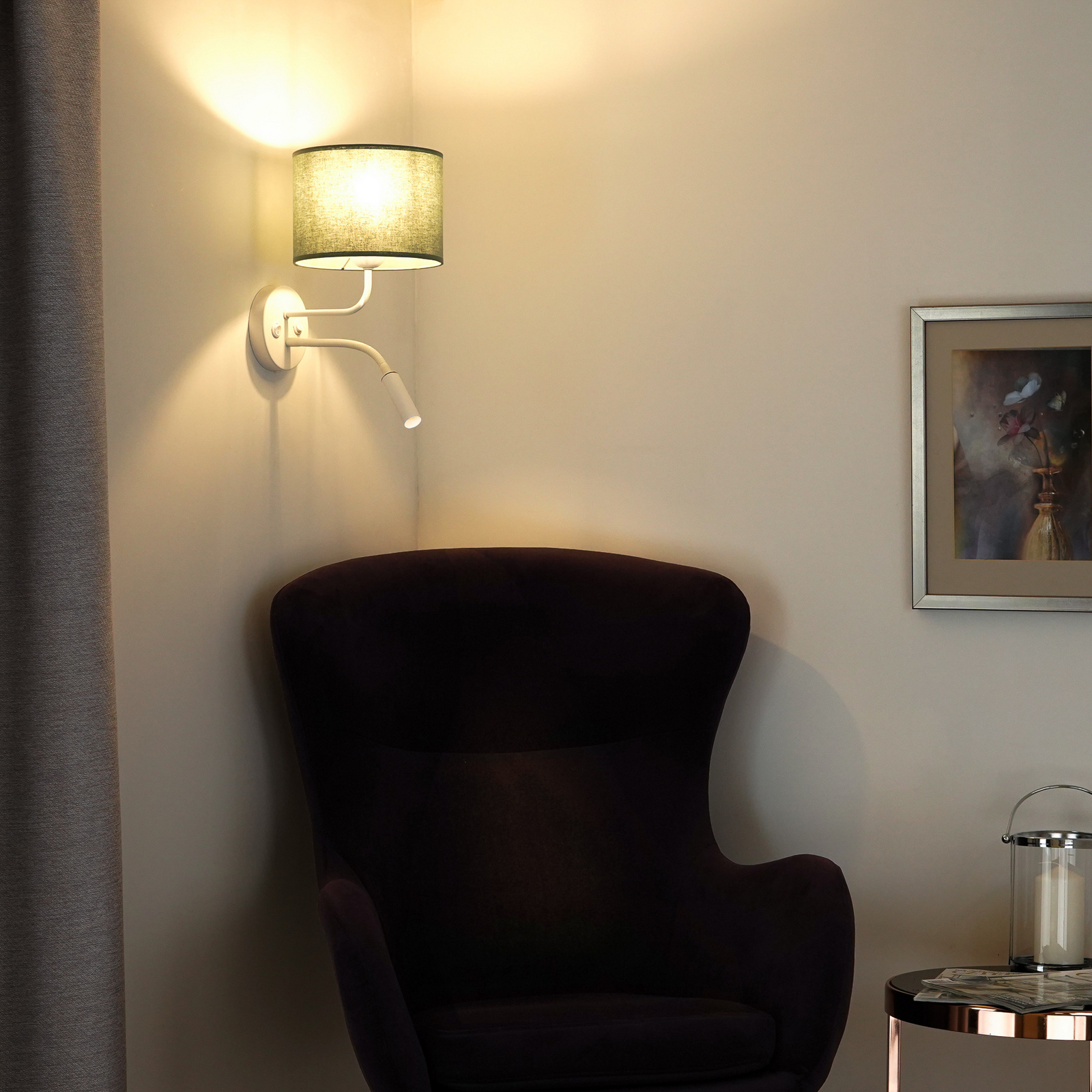 Roller wall light, fabric, white/sage, reading light