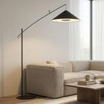 Lámpara arqueada Poise, negro, acero, textil, alcance 260 cm