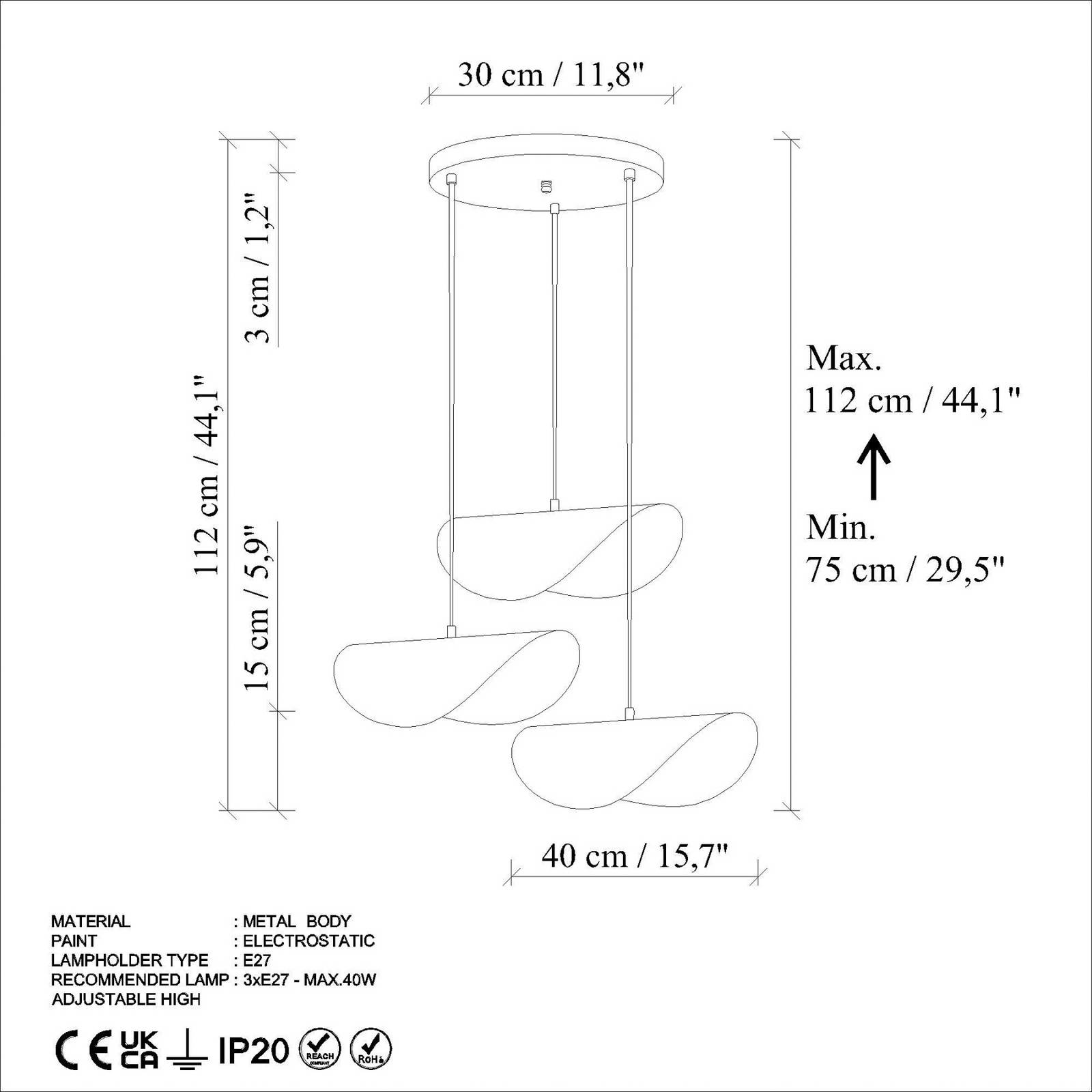 Żyrandol Vatoz, 3-punktowa, czarny, Ø 50 cm, metal
