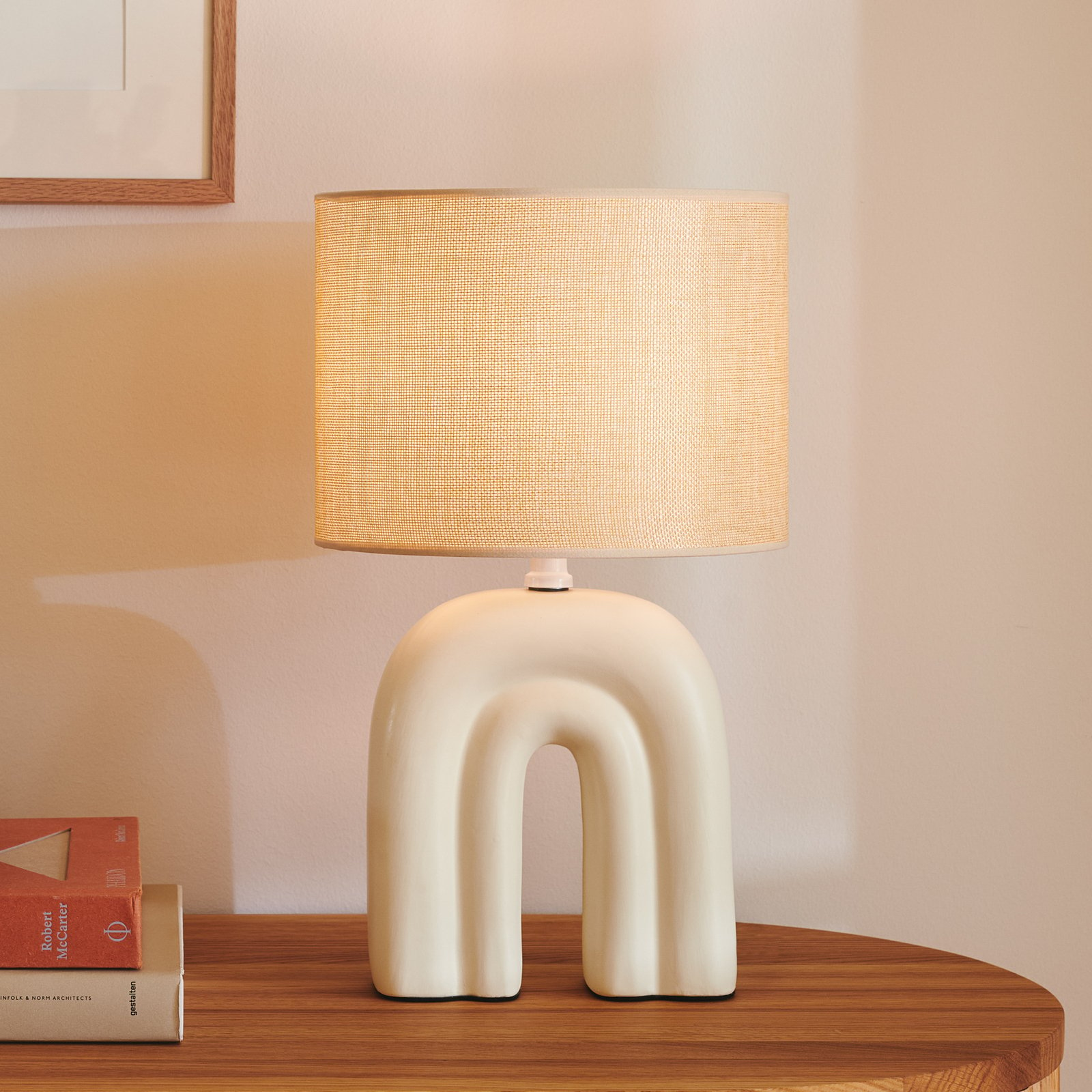 Lámpara de mesa Haze, cerámica, pantalla textil, beige