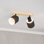 Spot pour plafond Batallas, longueur 30 cm, noir/bois, à 2 lampes.