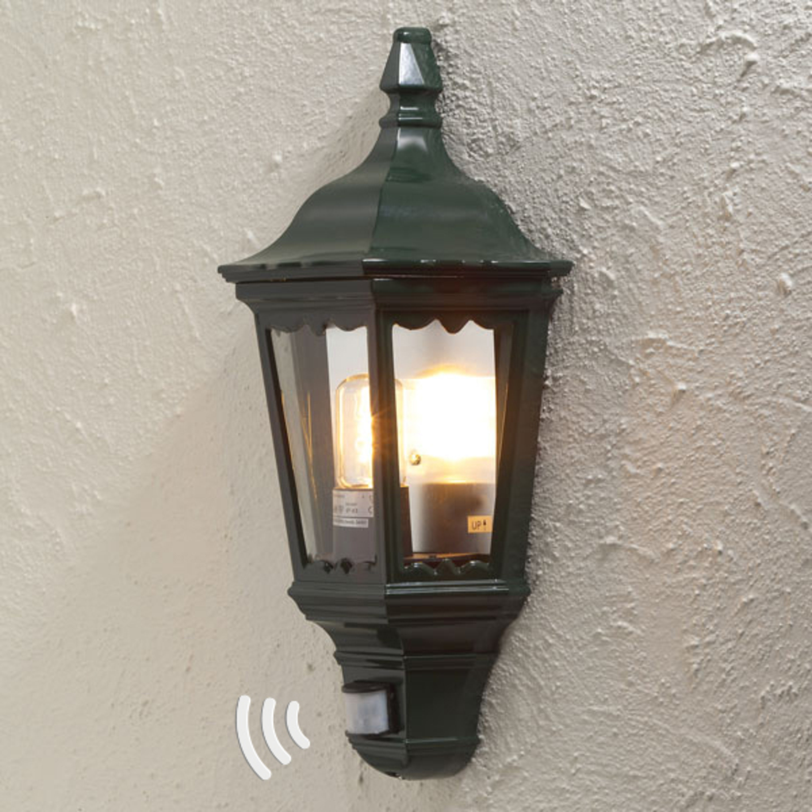 Konstmide Firenze outdoor wall lamp half shell, sensor green, aluminium, glass, E27, 100 W, energy efficiency: A++, W: 23.5 cm, H: 49.5 cm