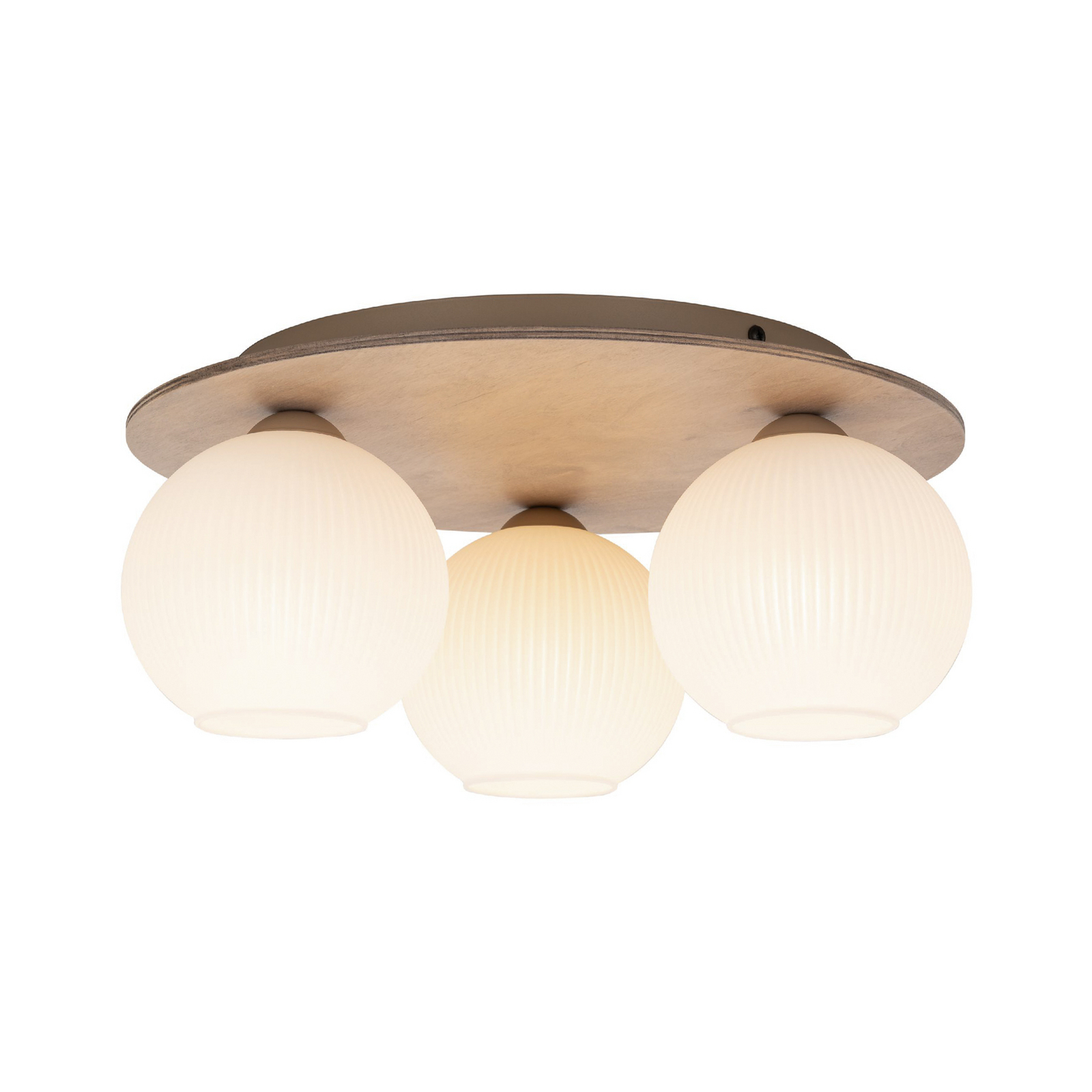 Plafonnier Virlo, à 3 lampes, verre opale, bois, Ø 42 cm Plafonnier Virlo, à 3 lampes, verre opale, bois, Ø 42 cm