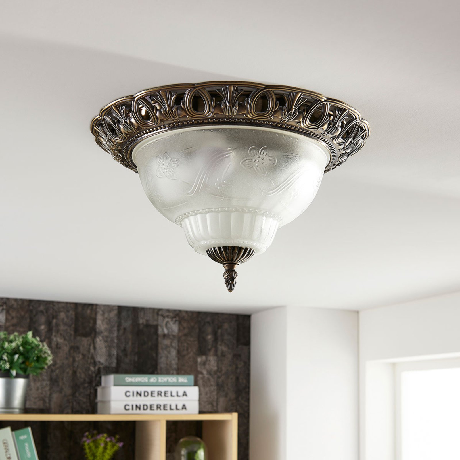 Classic ceiling lamp Anni, etched glass lampshade